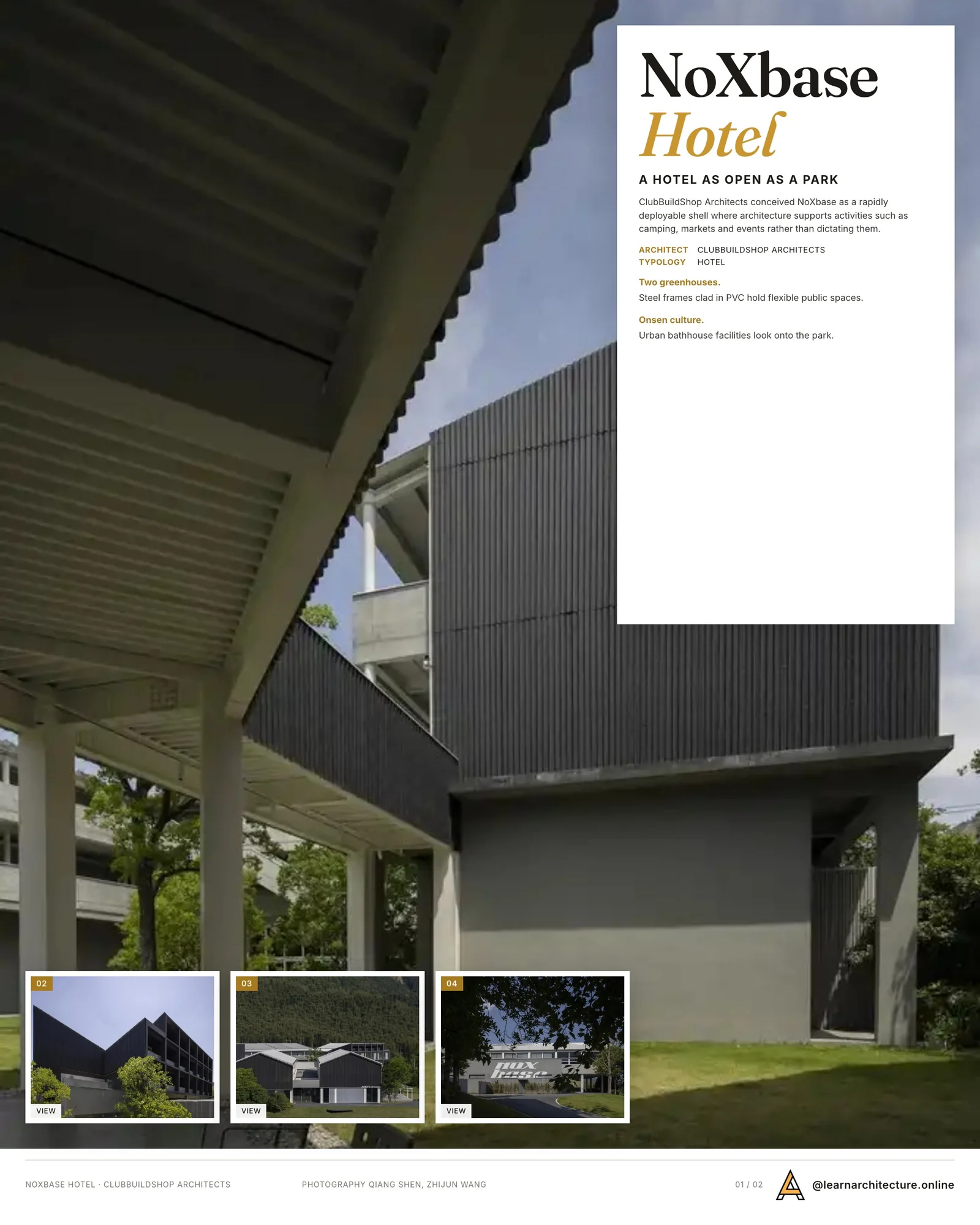 Presentation board cover for NoXbase Hotel by ClubBuildShop Architects, with the lead image, project summary and a grid of photographs and drawings