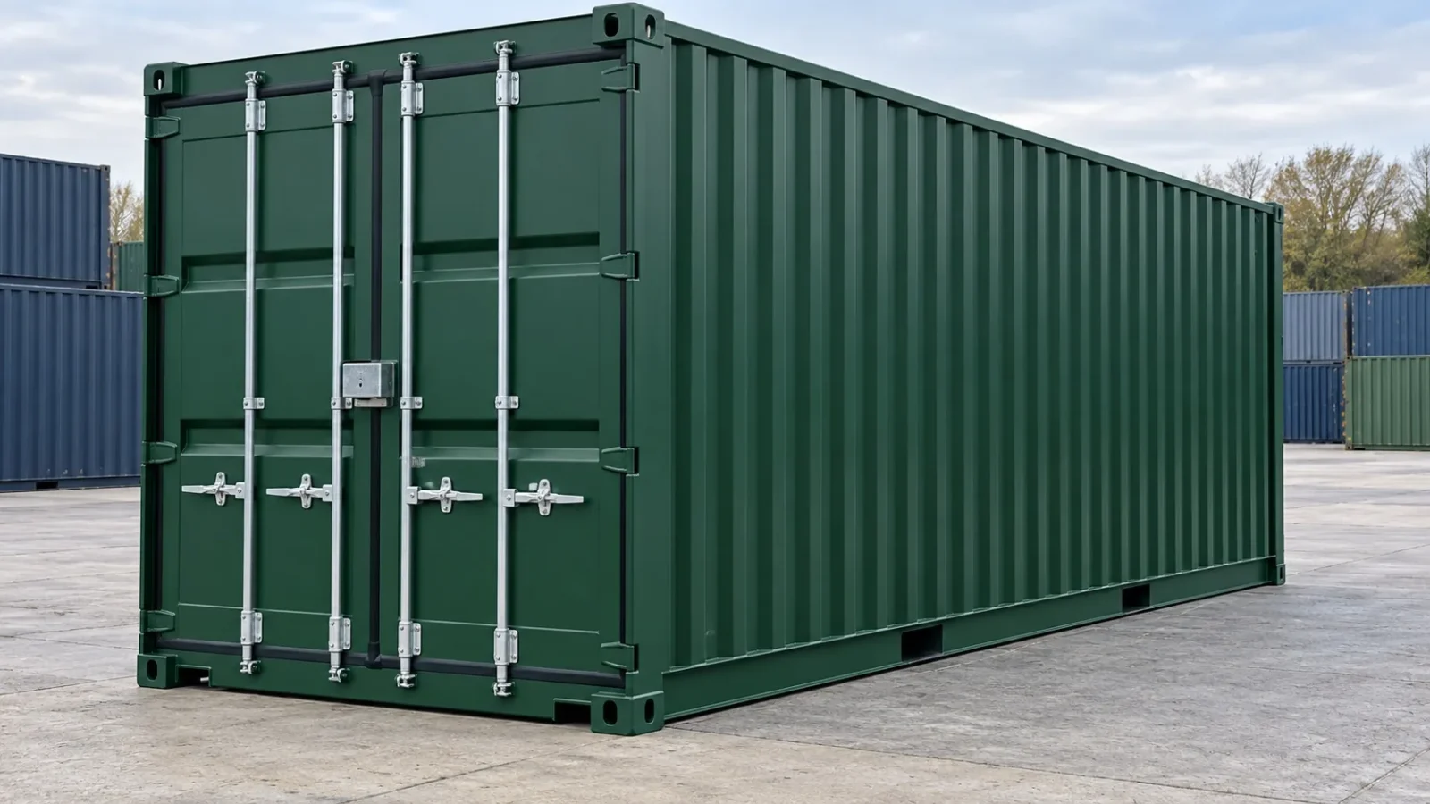 A clean green shipping container with closed cargo doors in a yard. AI-generated editorial illustration.