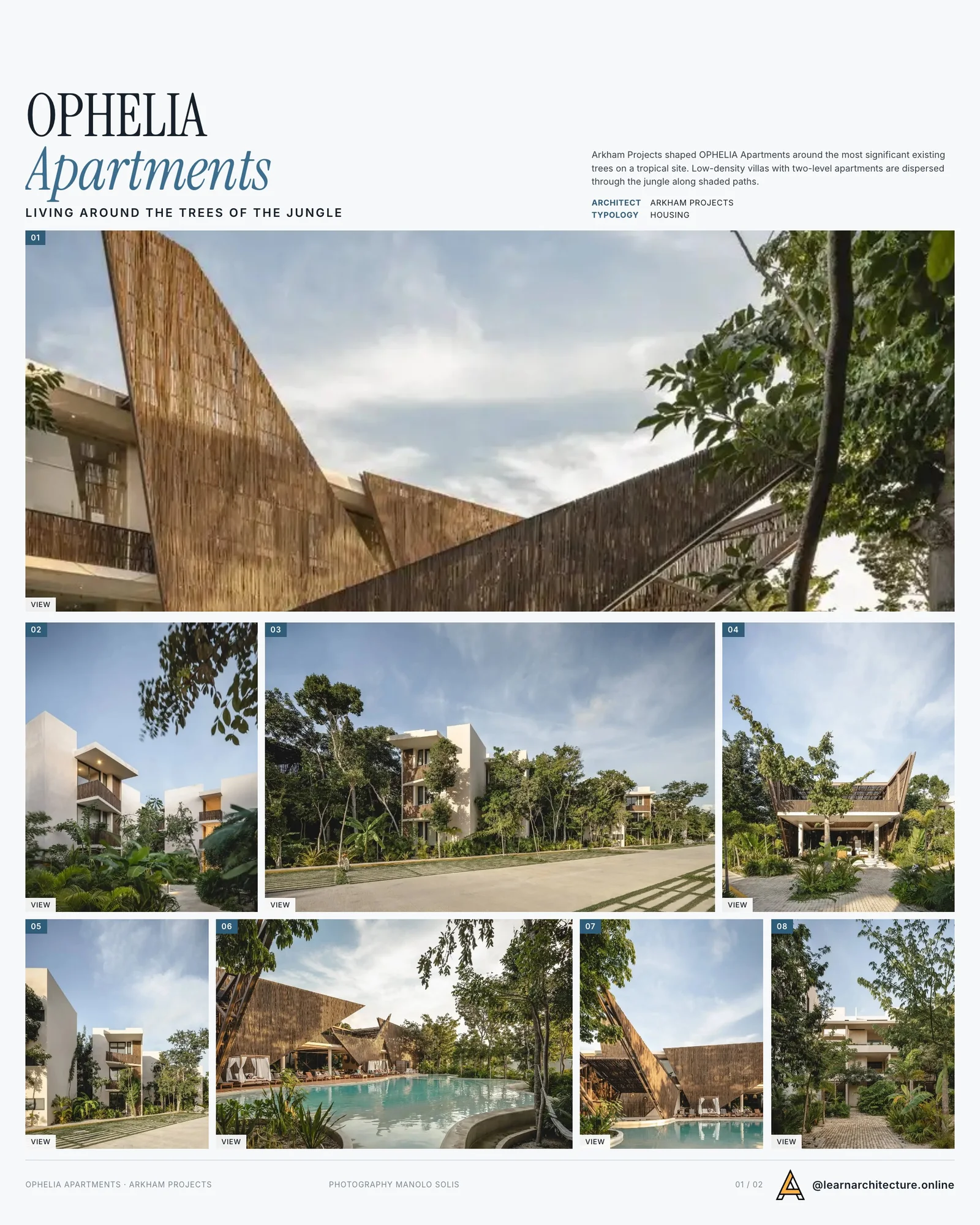 Presentation board cover for OPHELIA Apartments by Arkham Projects, with the lead image, project summary and a grid of photographs and drawings