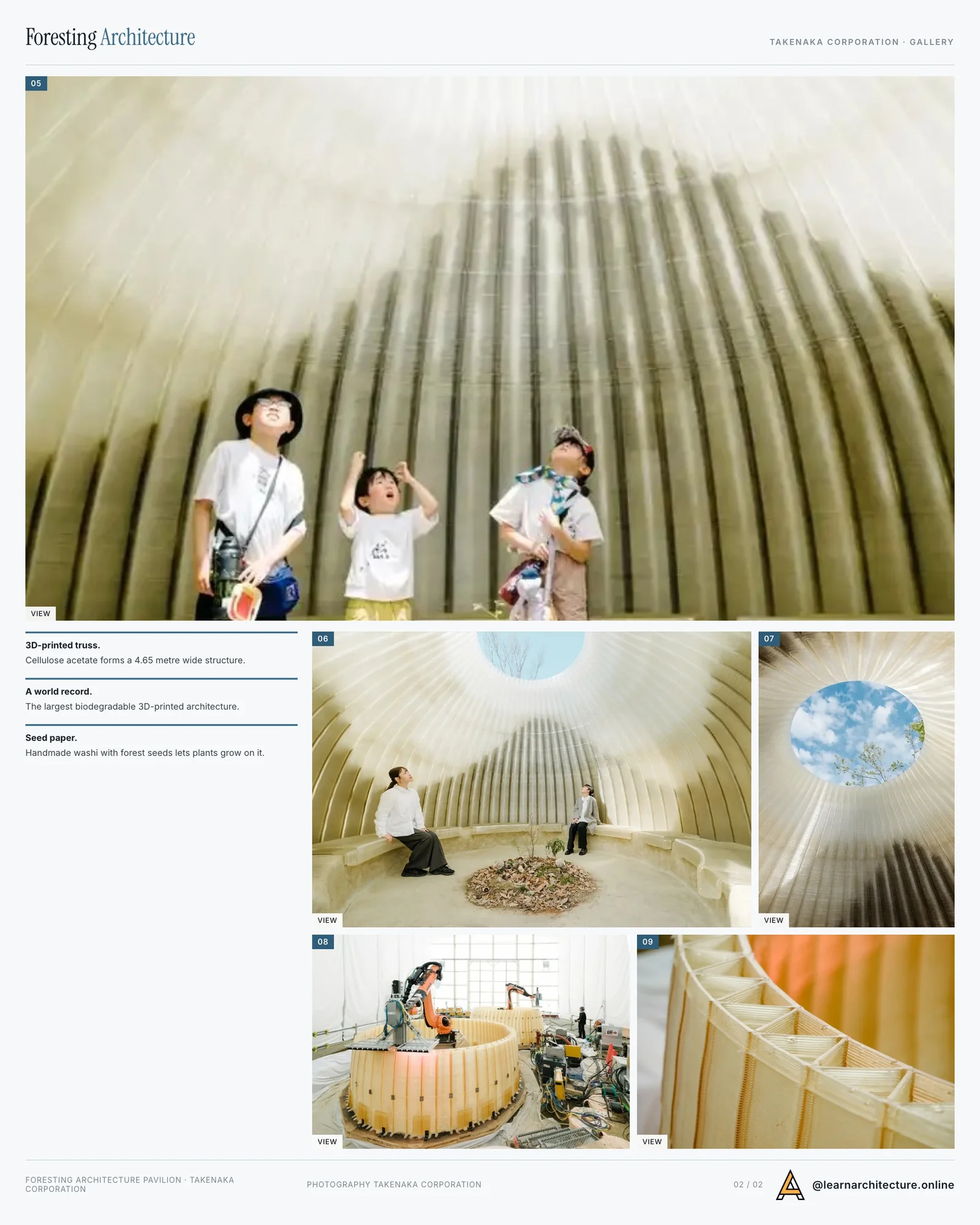 Second presentation board sheet for Osaka Expo 2025 Foresting Architecture Pavilion by Takenaka Corporation, laying out the project drawings and images on one page