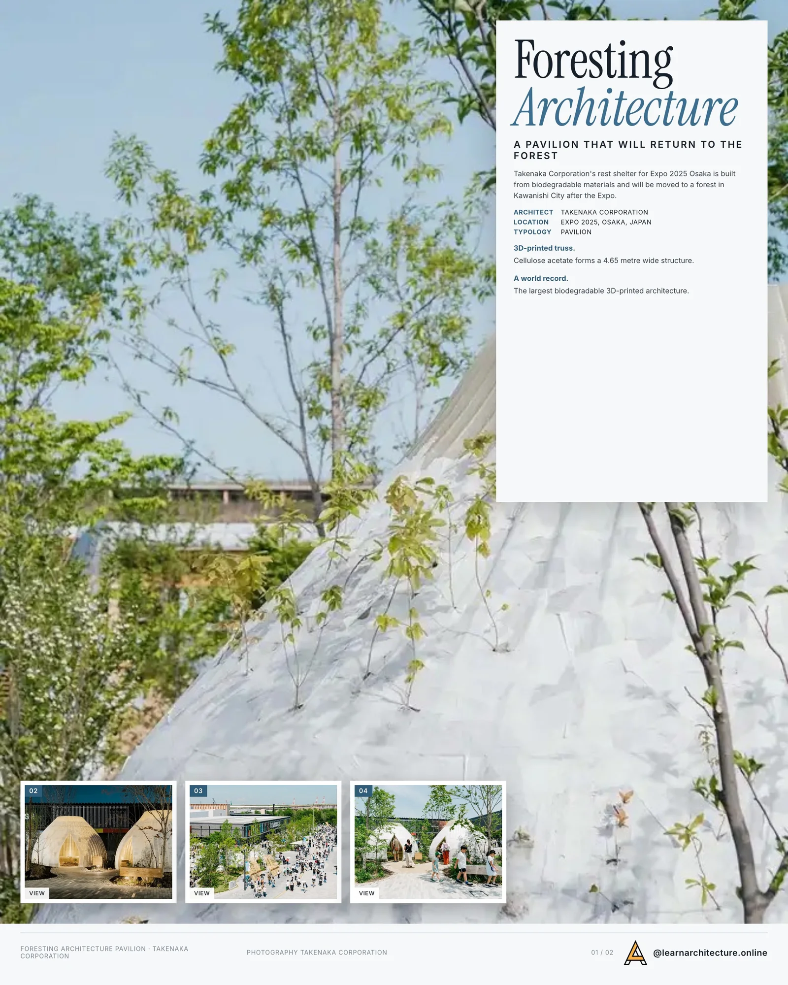 Presentation board cover for Osaka Expo 2025 Foresting Architecture Pavilion by Takenaka Corporation, with the lead image, project summary and a grid of photographs and drawings