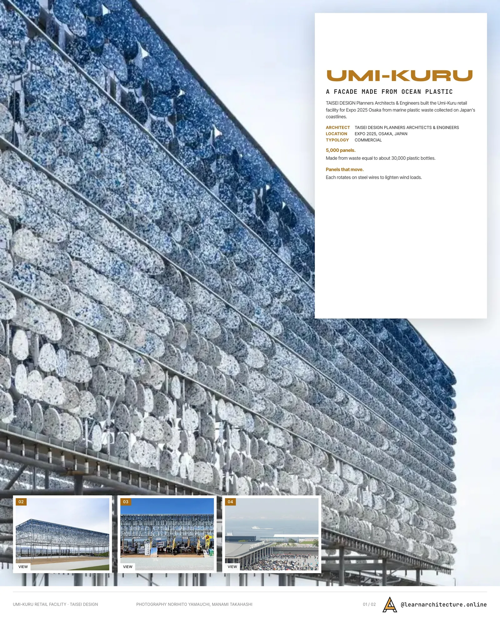 Presentation board cover for Osaka Expo 2025 Umi-Kuru Retail Facility by TAISEI DESIGN Planners Architects & Engineers, with the lead image, project summary and a grid of photographs and drawings