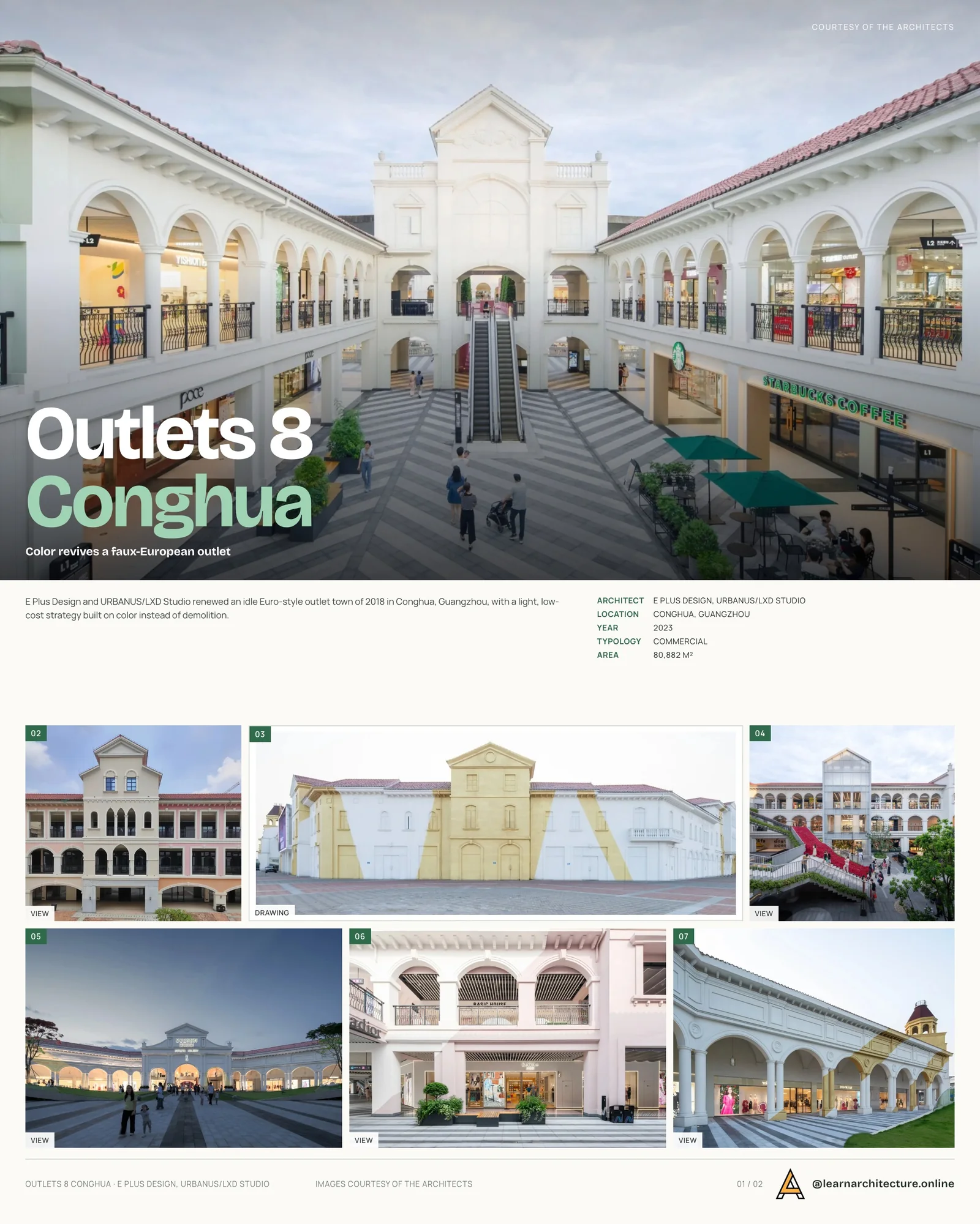 Presentation board cover for Outlets 8, Conghua by E Plus Design and URBANUS/LXD Studio, with the lead image, project summary and a grid of photographs and drawings