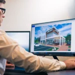 Architect at a desk reviewing a photorealistic exterior render of a house on a large monitor, the kind of image small practices outsource renders for