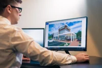 Architect at a desk reviewing a photorealistic exterior render of a house on a large monitor, the kind of image small practices outsource renders for