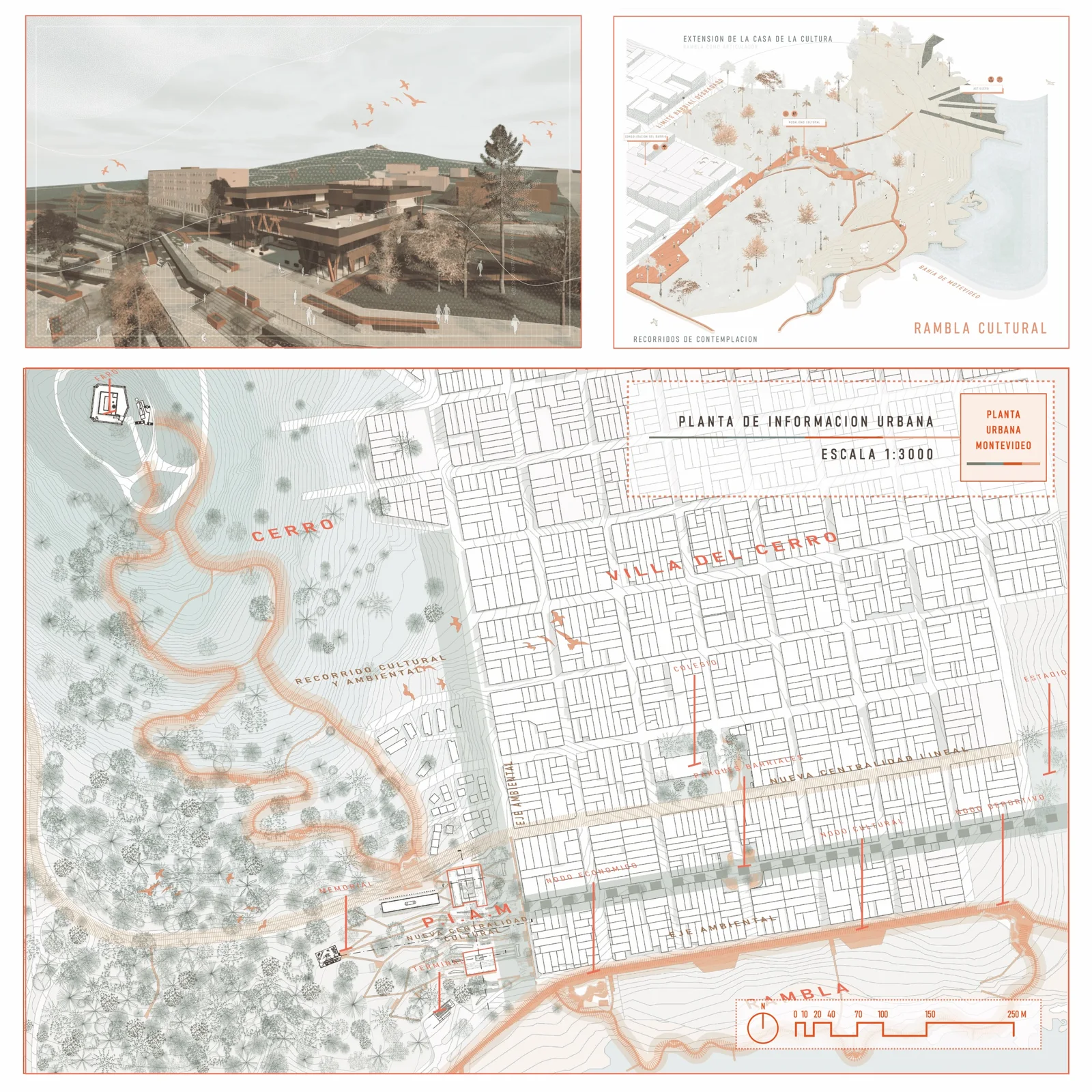 Board with a sepia aerial photo, a route site plan and a dense tree canopy map