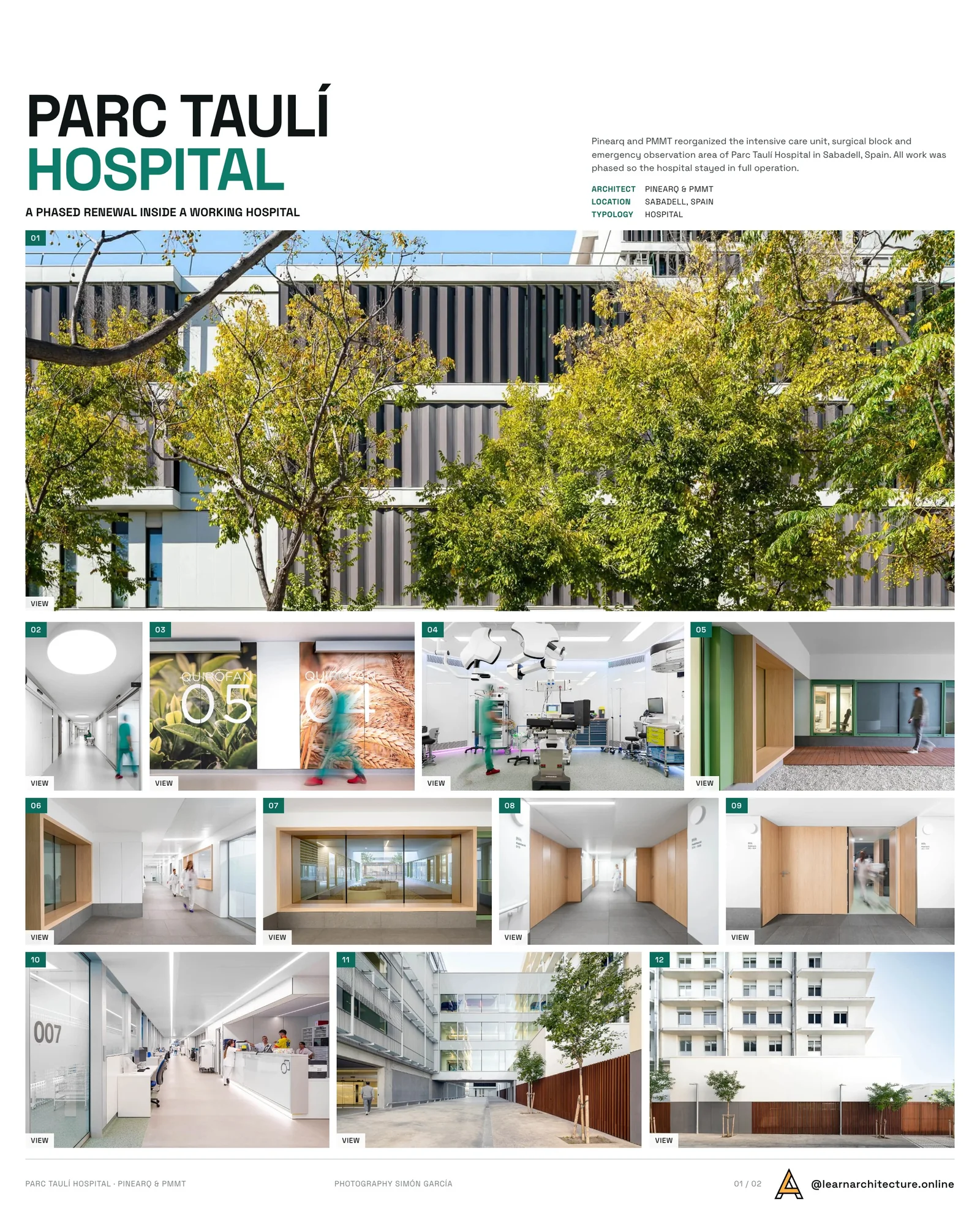 Presentation board cover for Parc Taulí Hospital by Pinearq & PMMT, with the lead image, project summary and a grid of photographs and drawings