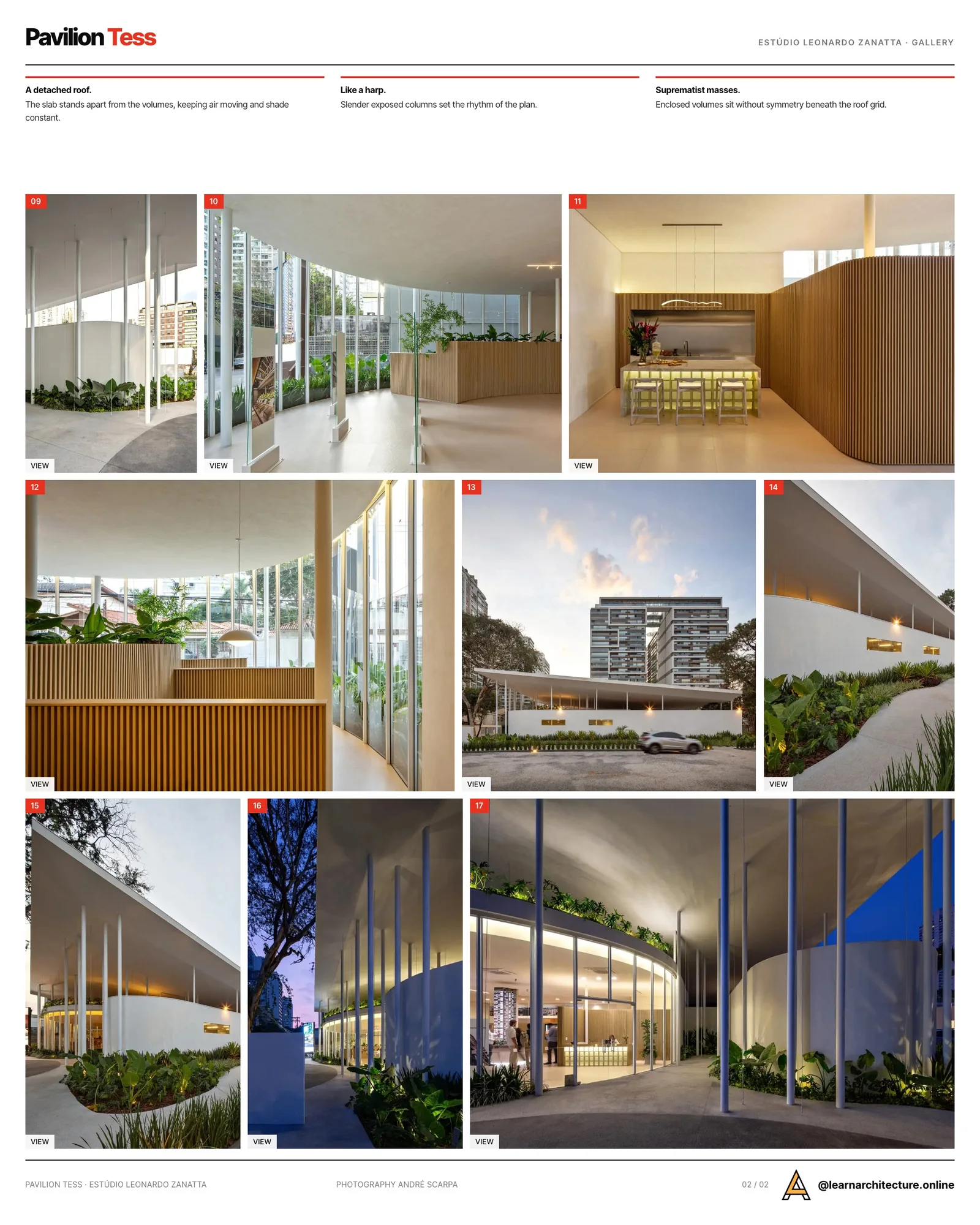 Second presentation board sheet for Pavilion Tess by Estúdio Leonardo Zanatta, laying out the project drawings and images on one page