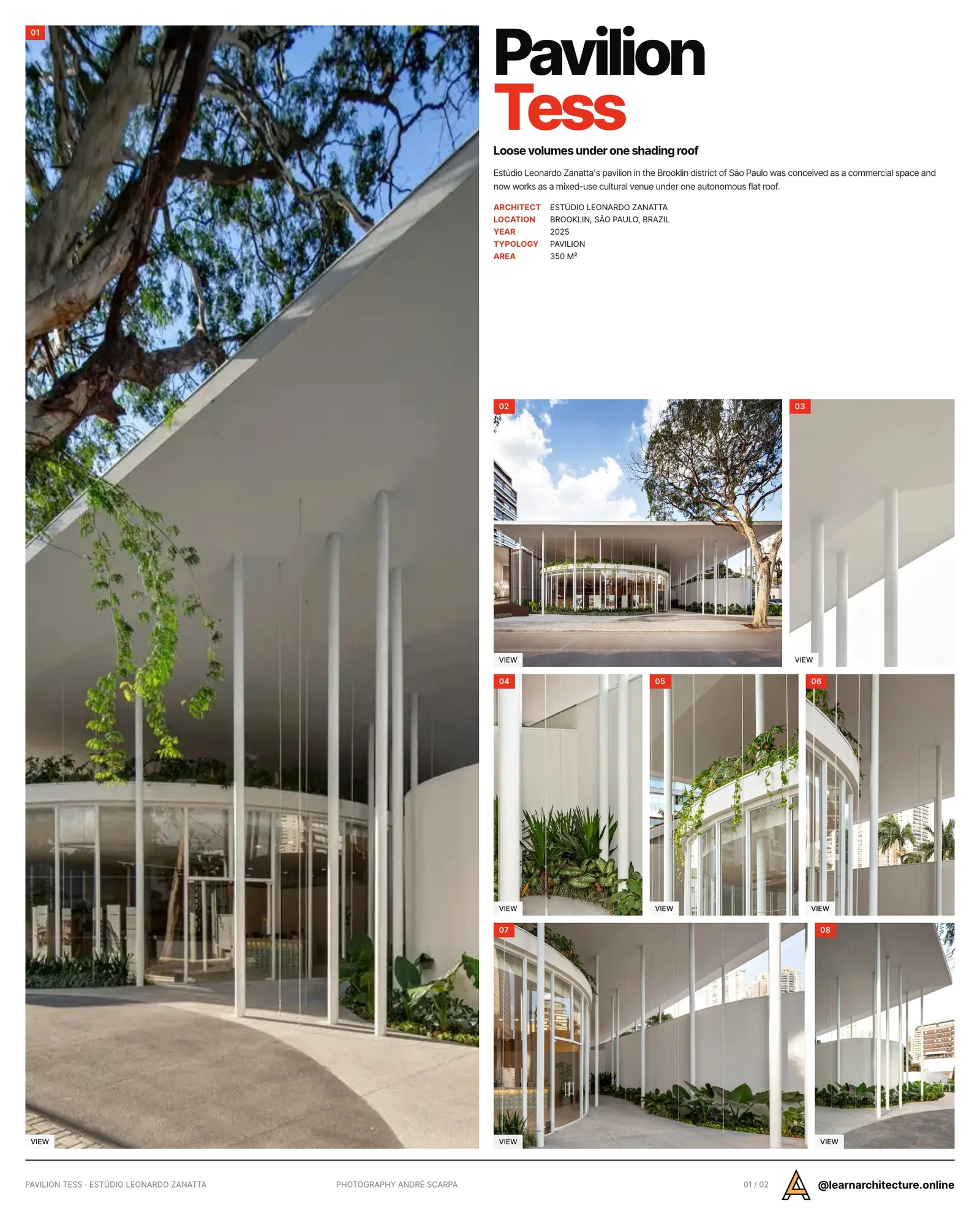 Presentation board cover for Pavilion Tess by Estúdio Leonardo Zanatta, with the lead image, project summary and a grid of photographs and drawings
