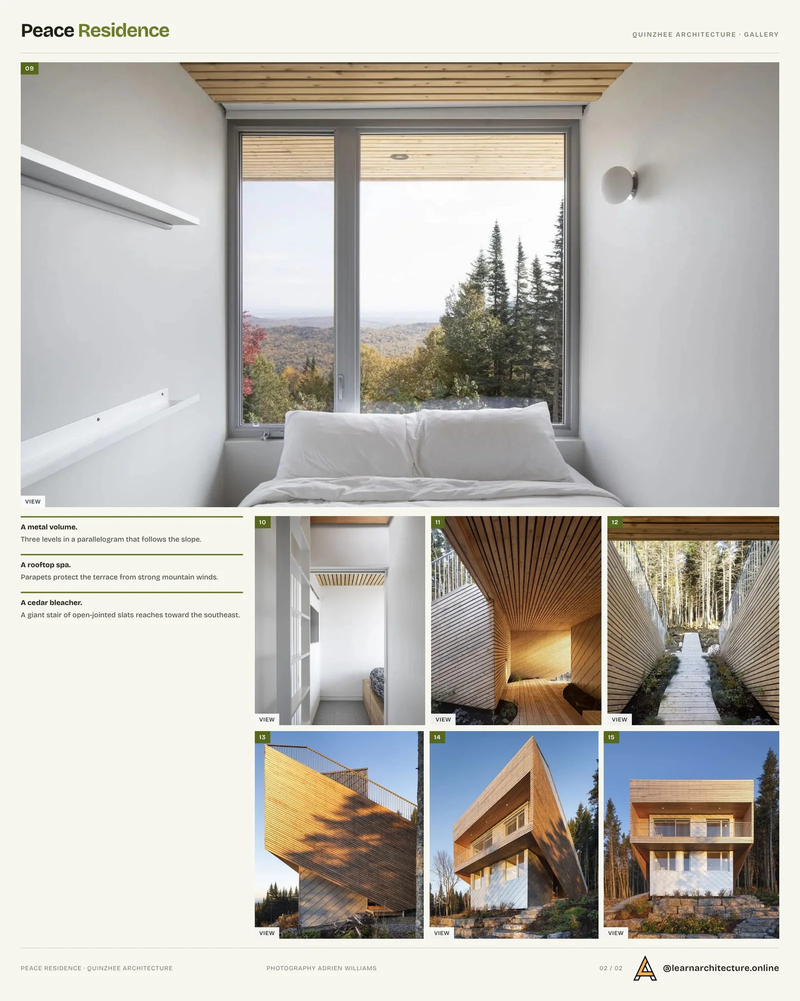 Second presentation board sheet for Peace Residence by Quinzhee Architecture, laying out the project drawings and images on one page