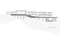 Long elevation of the modules raised on supports along the hillside, Pedra Azul House by Escala Arquitetura