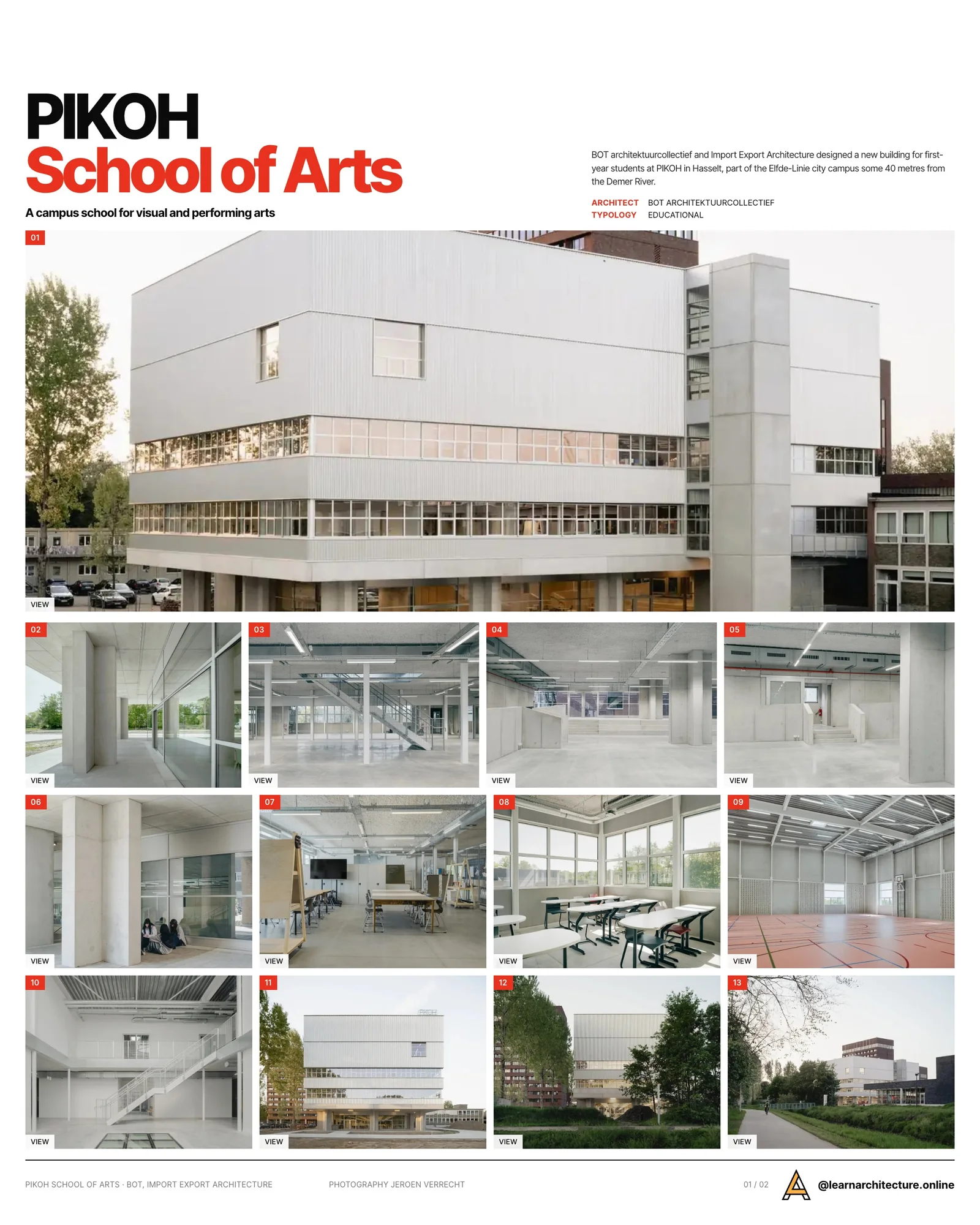 Presentation board cover for PIKOH School of Arts by BOT architektuurcollectief & Import Export Architecture, with the lead image, project summary and a grid of photographs and drawings