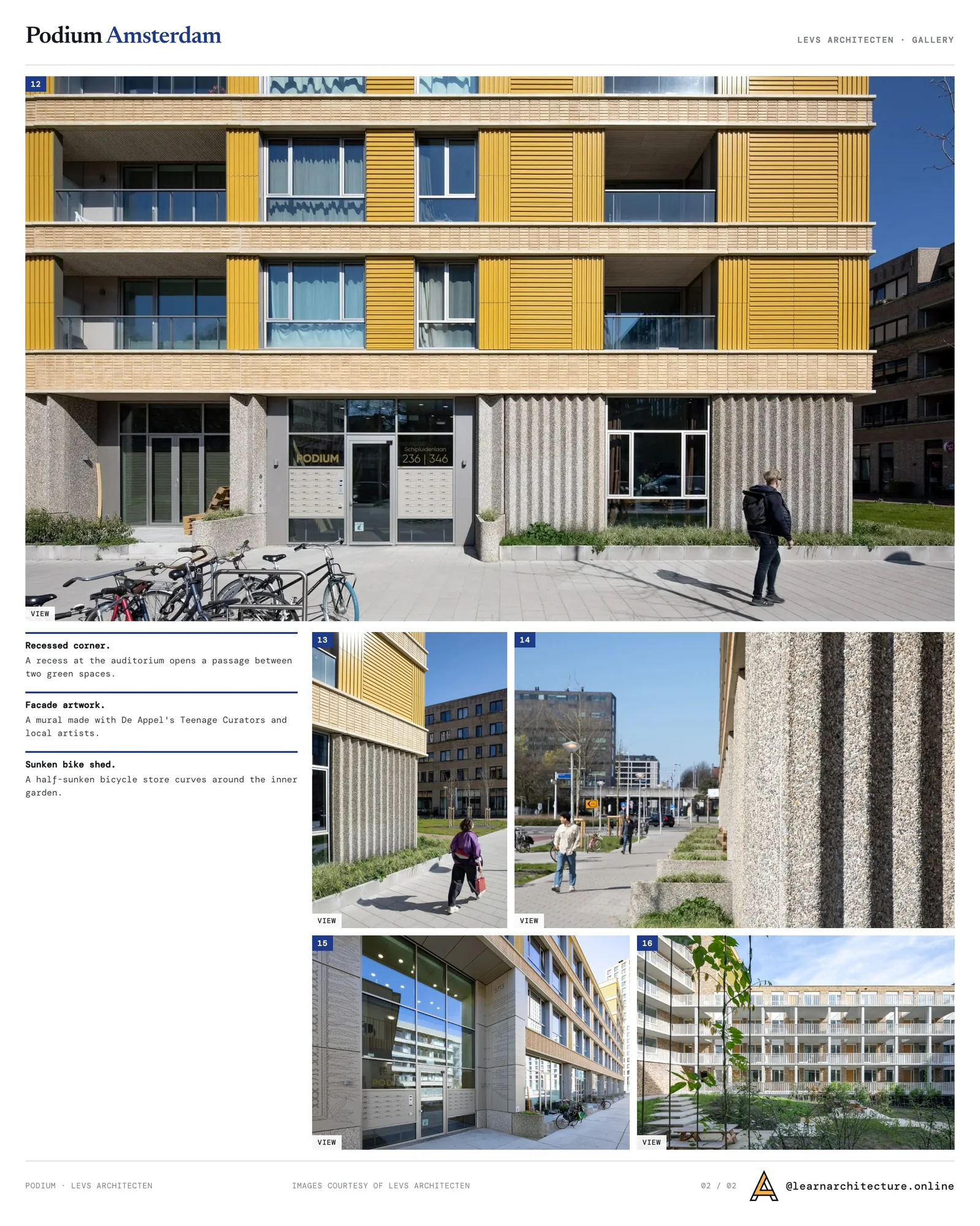 Second presentation board sheet for Podium by LEVS architecten, laying out the project drawings and images on one page