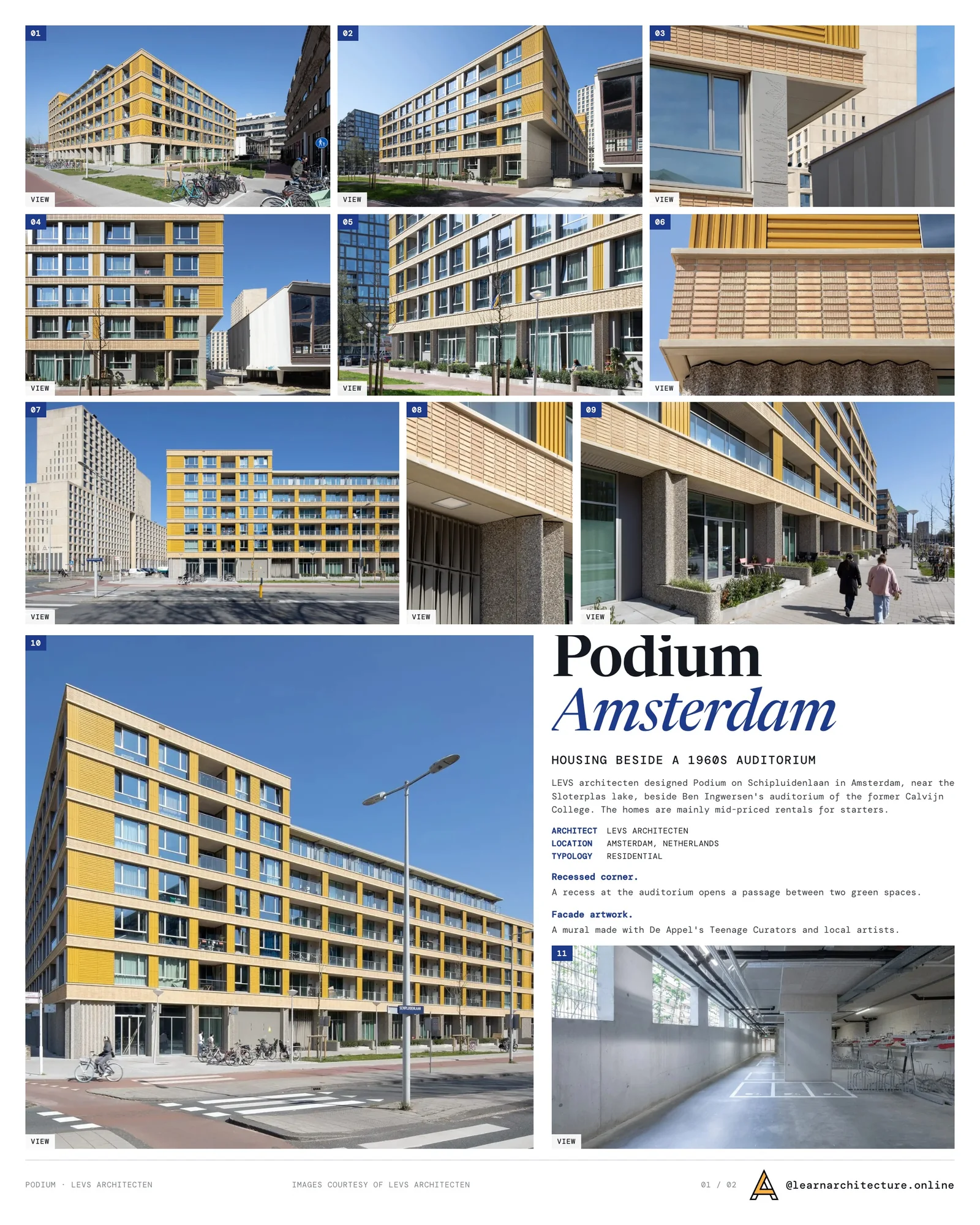 Presentation board cover for Podium by LEVS architecten, with the lead image, project summary and a grid of photographs and drawings