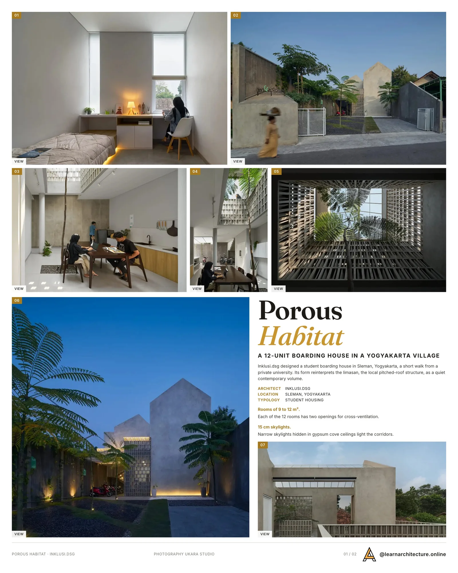 Presentation board cover for Porous Habitat by Inklusi.dsg, with the lead image, project summary and a grid of photographs and drawings