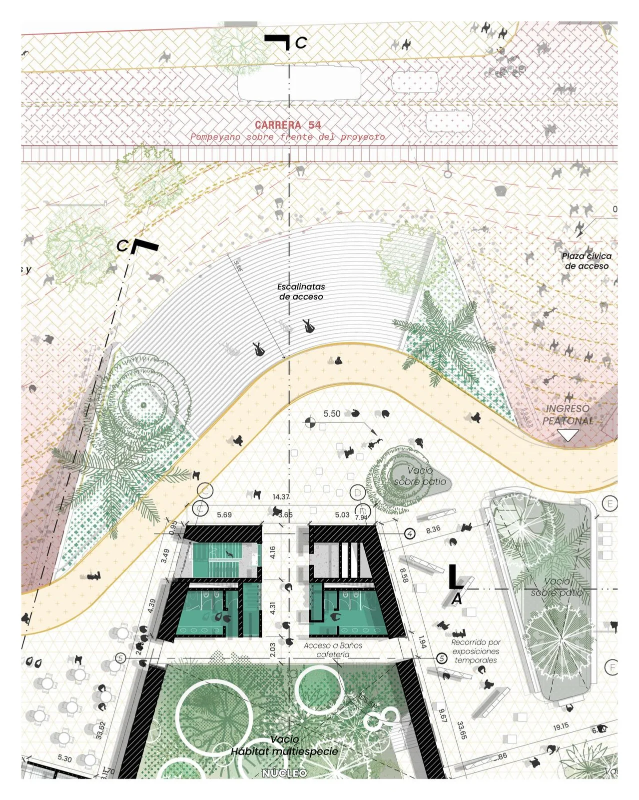 Riverside landscape plan with a path and black building forms along the water