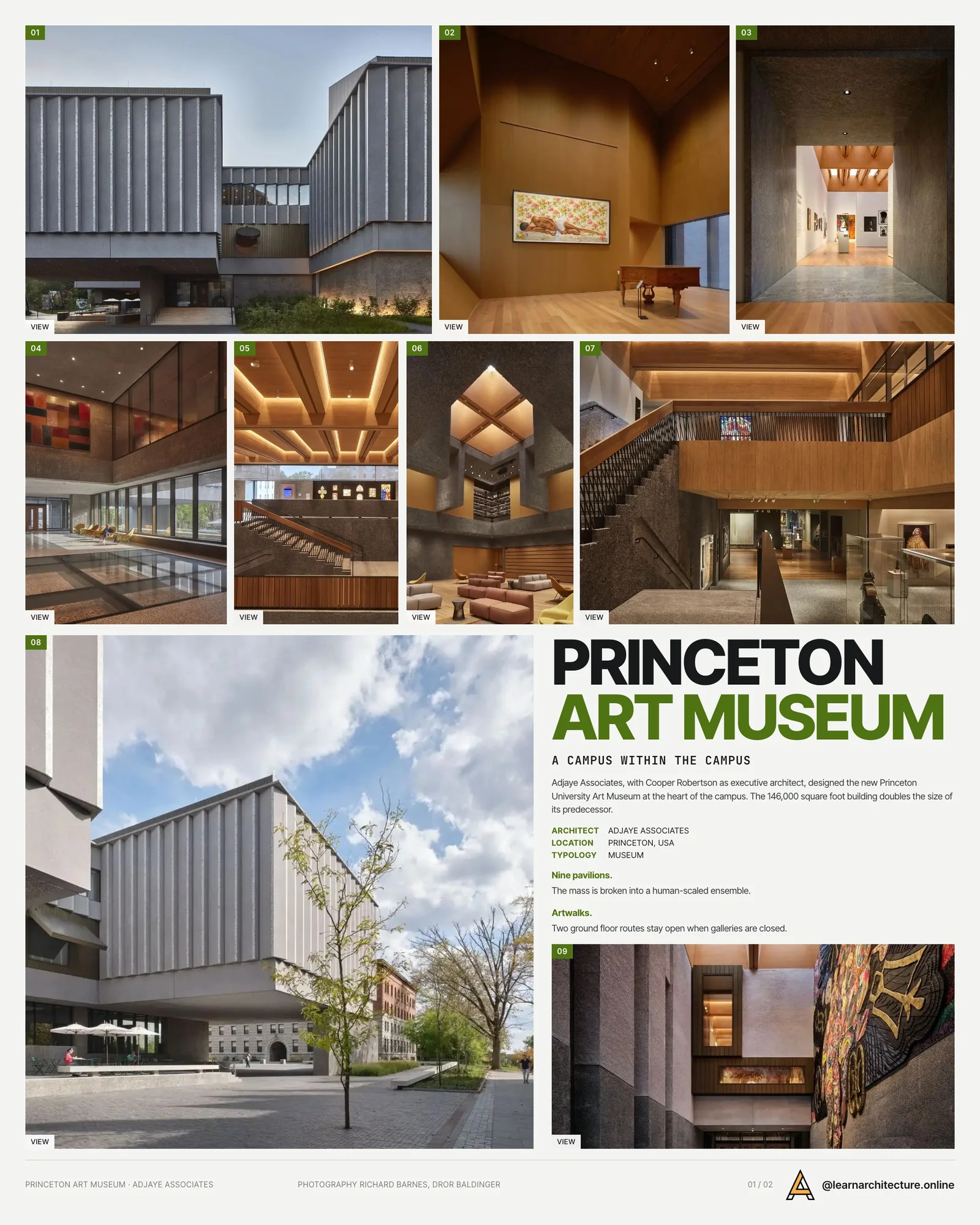 Presentation board cover for Princeton University Art Museum by Adjaye Associates, with the lead image, project summary and a grid of photographs and drawings