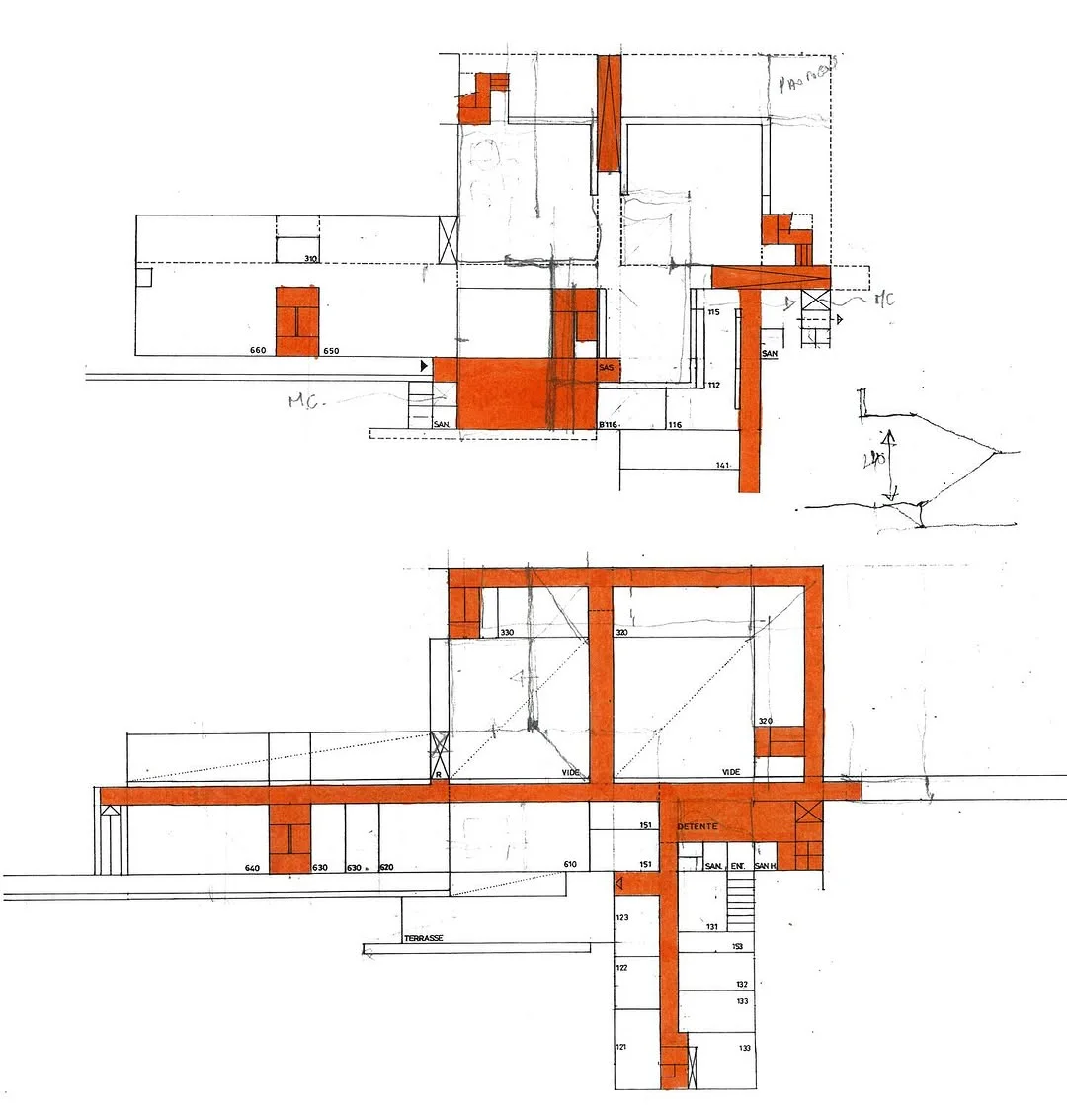 Bernard Quirot's project sketch for the university library in Besançon, a section with orange structure