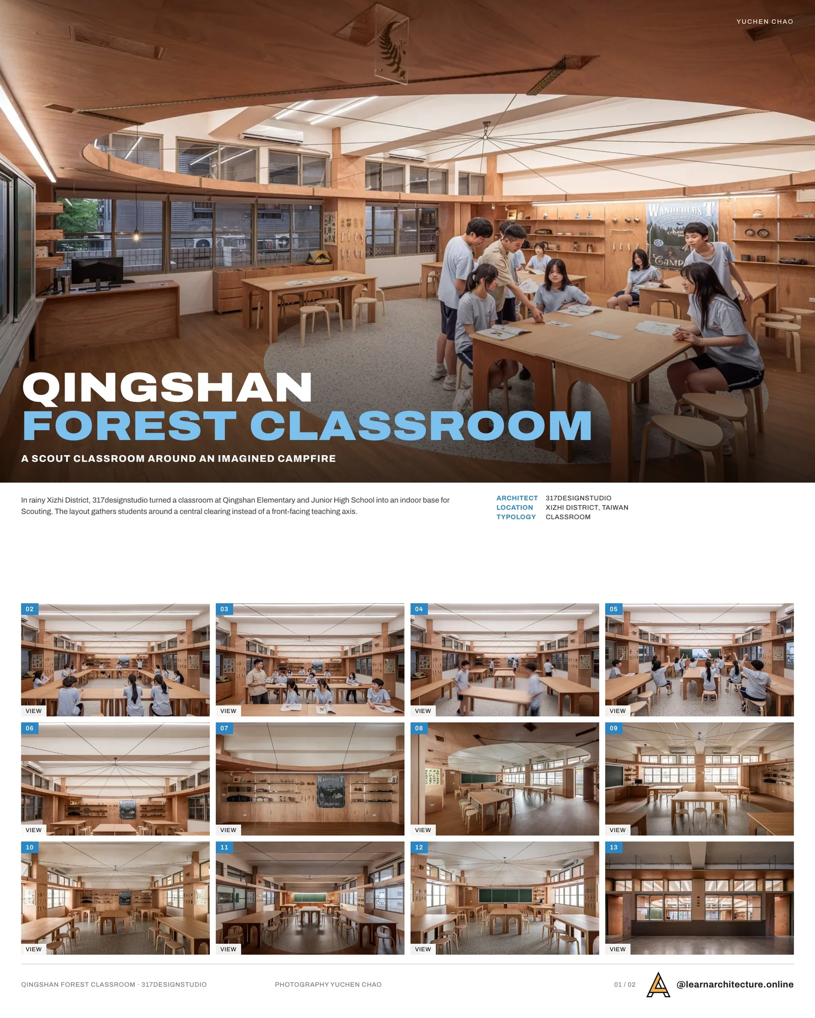 Presentation board cover for Qingshan Forest Junior High School Classroom by 317designstudio, with the lead image, project summary and a grid of photographs and drawings