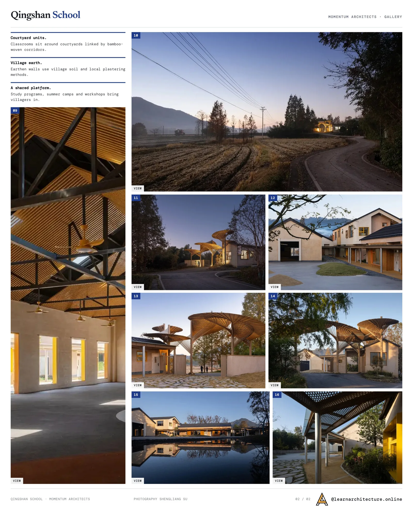 Second presentation board sheet for Qingshan School by MOMENTUM Architects, laying out the project drawings and images on one page