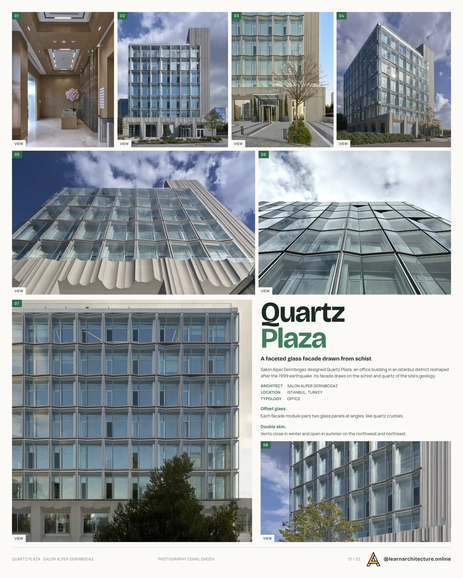 Presentation board cover for Quartz Plaza by Salon Alper Derinbogaz, with the lead image, project summary and a grid of photographs and drawings