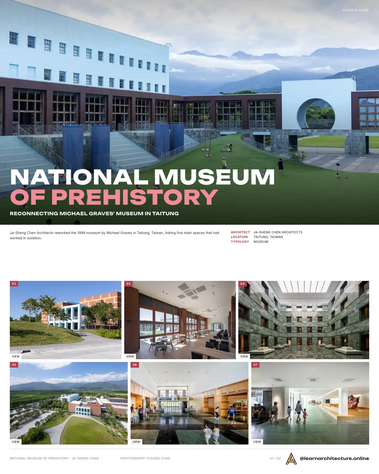 Presentation board cover for Reinterpretation of National Museum of Prehistory by Ja-Sheng Chen Architects, with the lead image, project summary and a grid of photographs and drawings