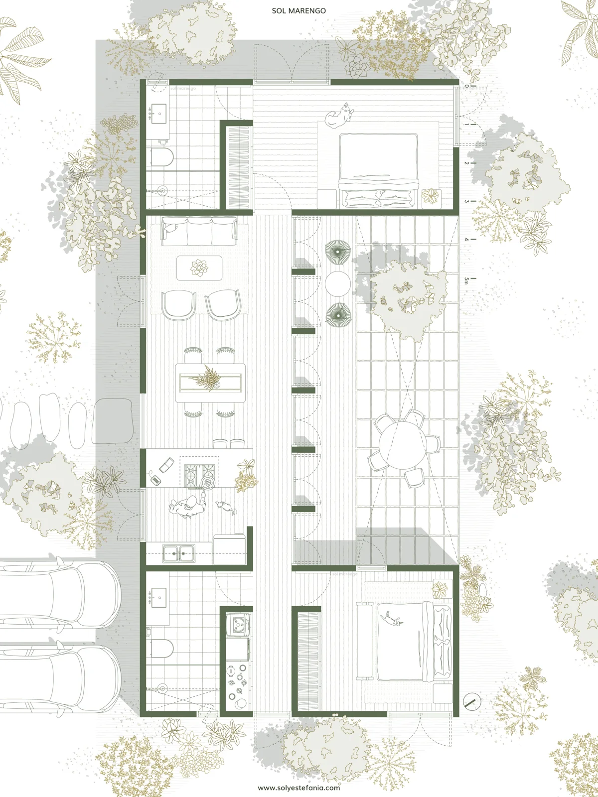 Rendered furnished floor plan of a house showing bedrooms, bathroom and garden in muted colors