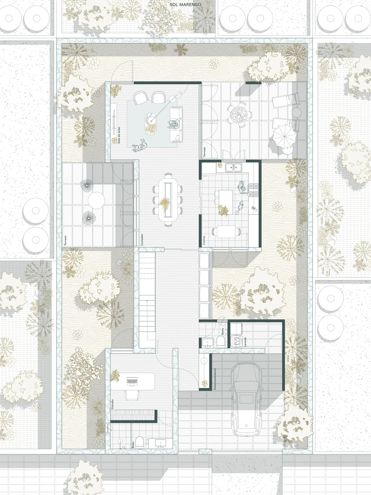 Rendered floor plan of a courtyard house with labeled rooms and garden, with furniture, shadows and planting detail
