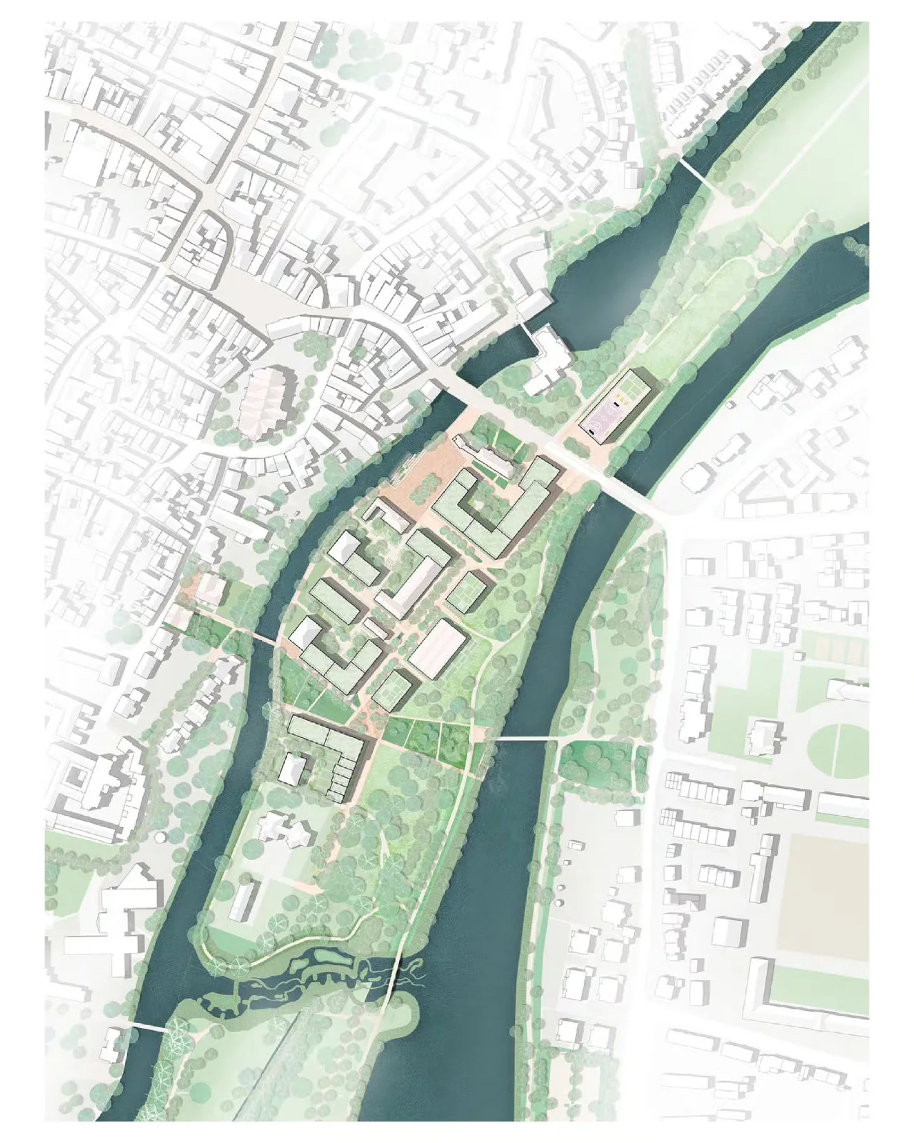 Aerial urban analysis map of a riverside town with colored existing building footprints