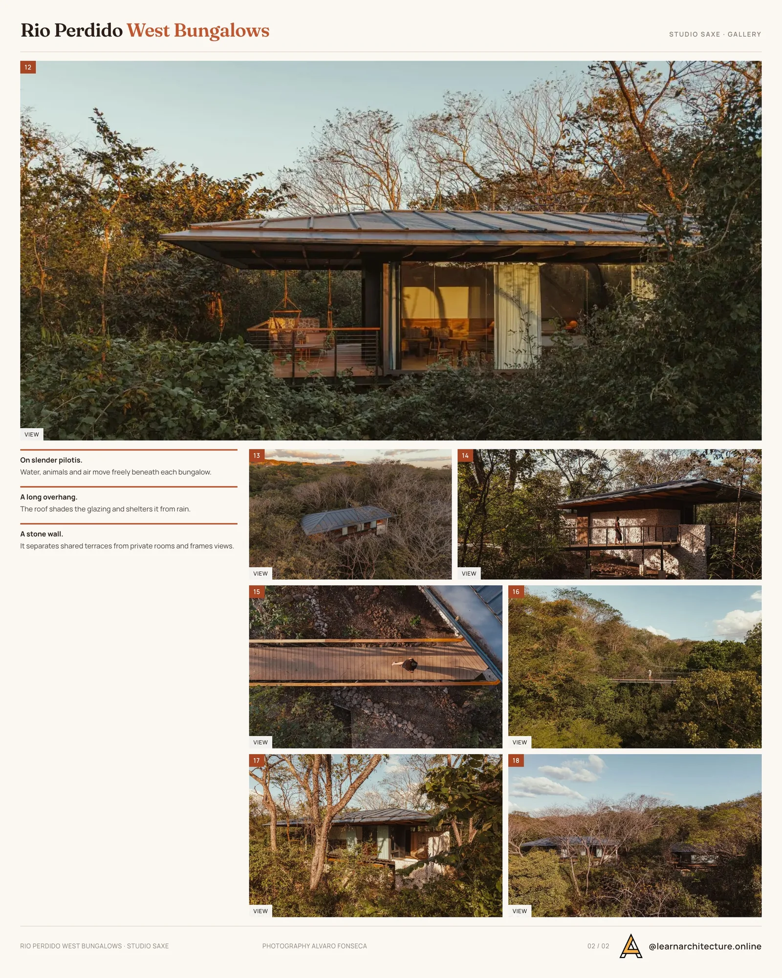 Second presentation board sheet for Rio Perdido West Bungalows by Studio Saxe, laying out the project drawings and images on one page