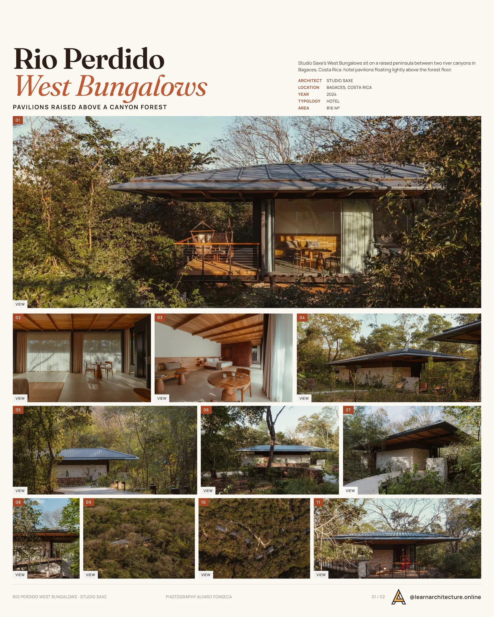 Presentation board cover for Rio Perdido West Bungalows by Studio Saxe, with the lead image, project summary and a grid of photographs and drawings
