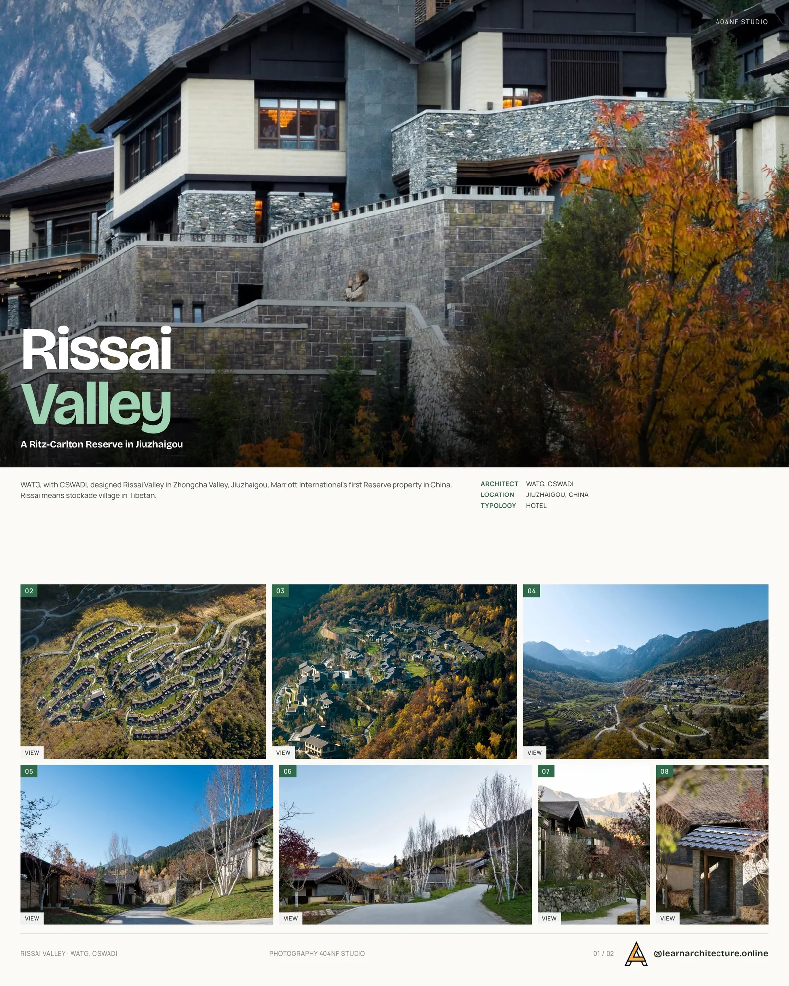 Presentation board cover for Rissai Valley by WATG & CSWADI, with the lead image, project summary and a grid of photographs and drawings