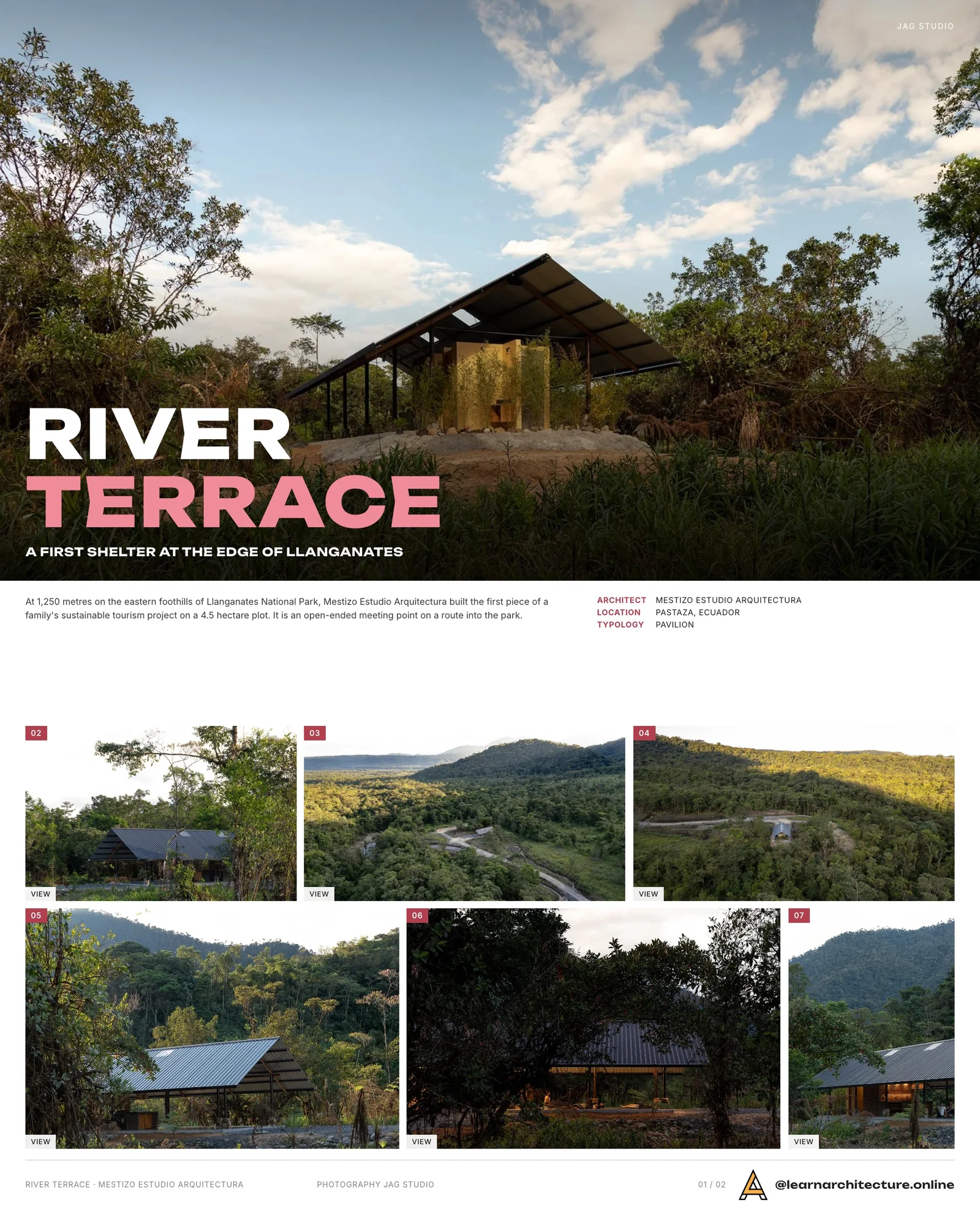 Presentation board cover for River Terrace by Mestizo Estudio Arquitectura, with the lead image, project summary and a grid of photographs and drawings