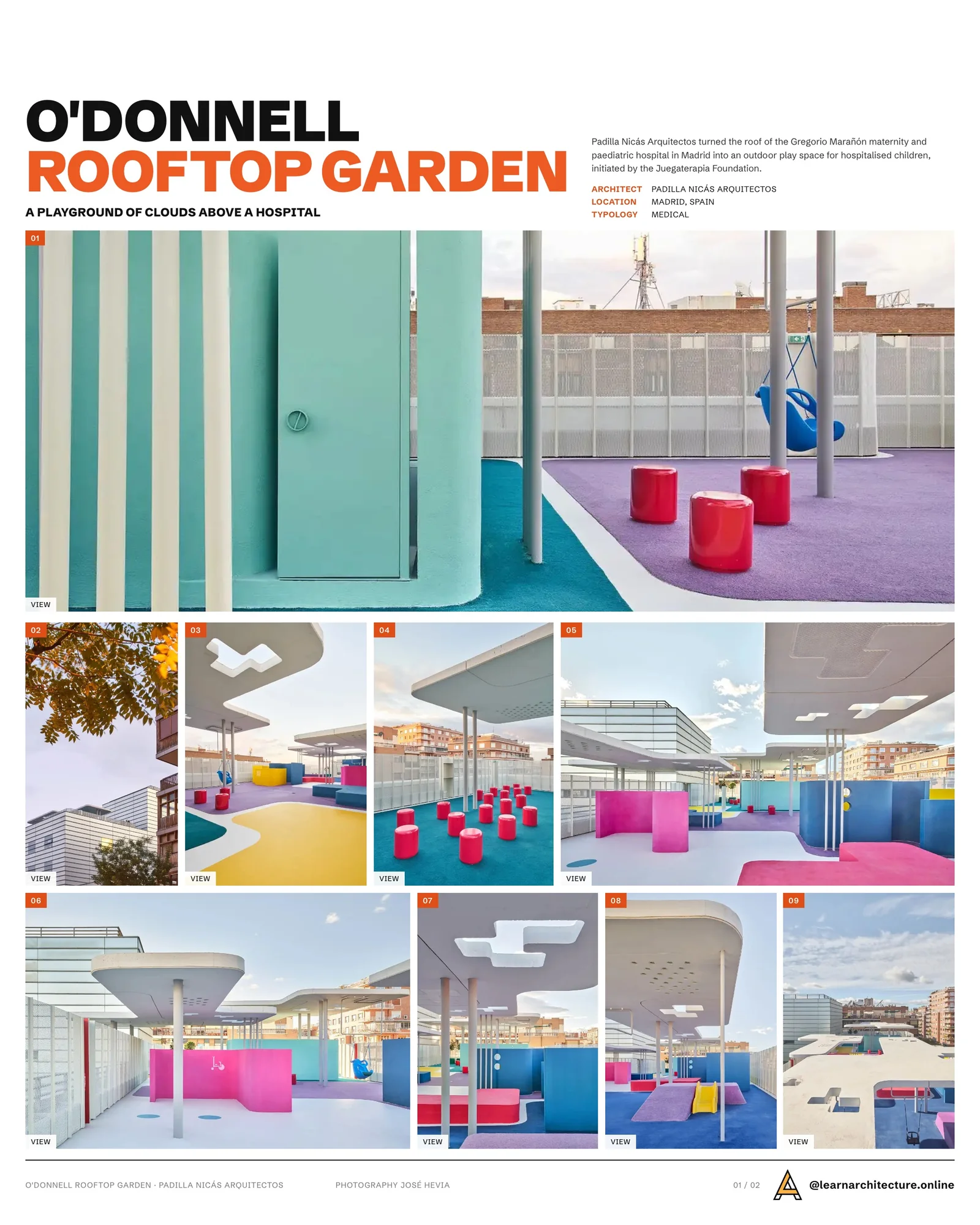Presentation board cover for Rooftop Garden of the O'Donnell Maternity Hospital by Padilla Nicás Arquitectos, with the lead image, project summary and a grid of photographs and drawings