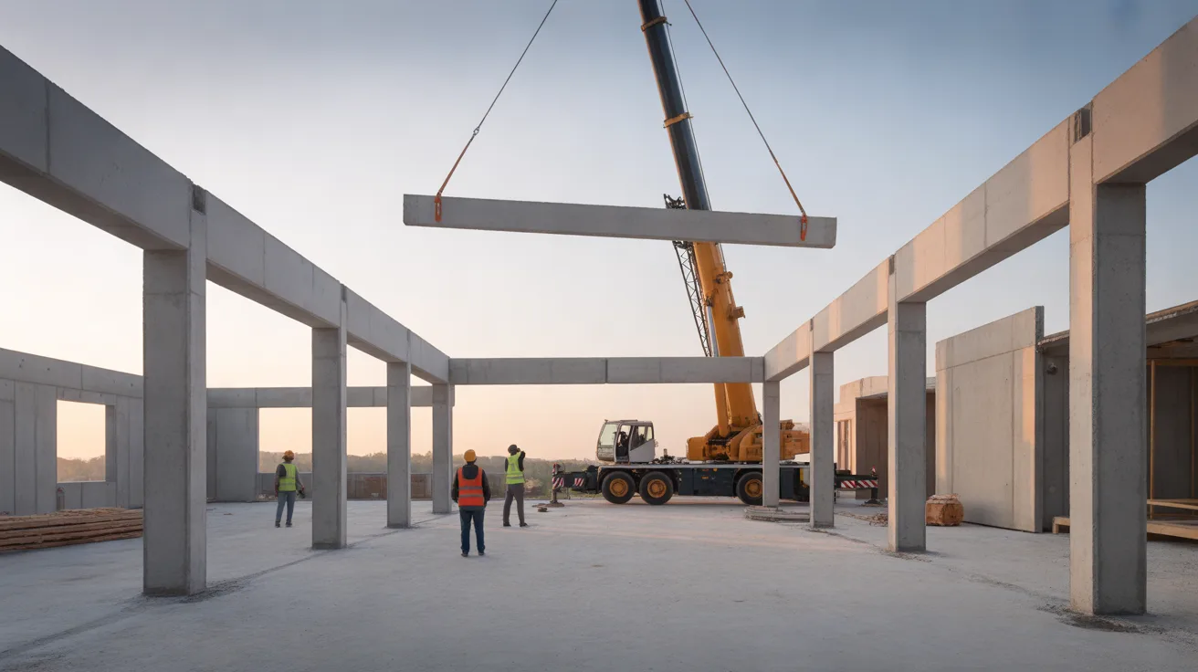 Mobile crane lifting a precast concrete beam onto a frame of precast columns while workers watch