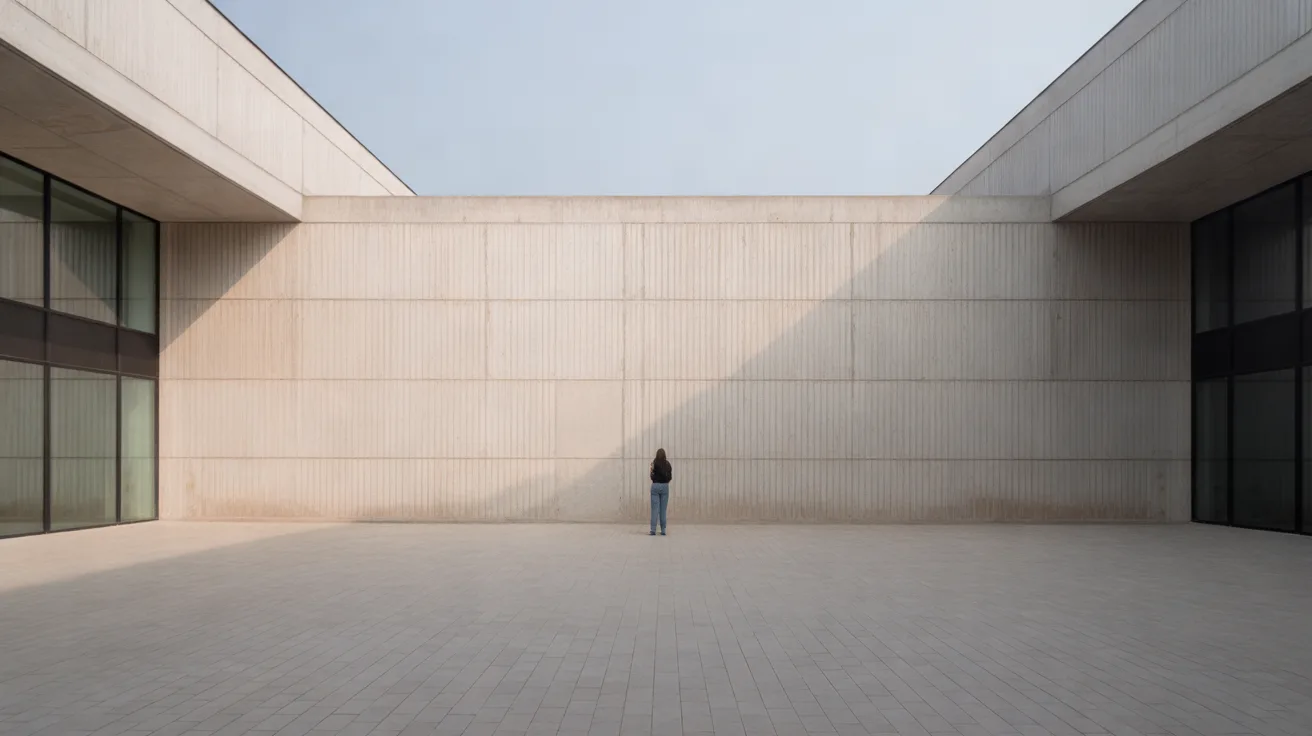 A lone person standing at the foot of a tall concrete wall in an empty courtyard, showing how one figure reveals scale