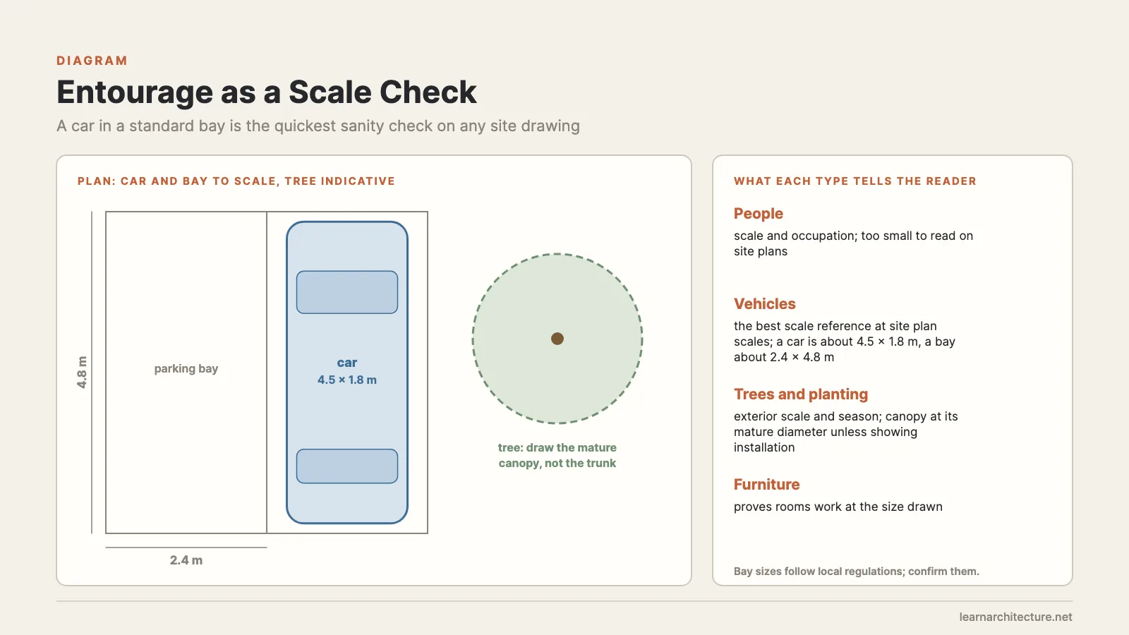 A 4.5 x 1.8 m car in a 2.4 x 4.8 m parking bay drawn to scale beside a tree canopy, as an entourage scale check