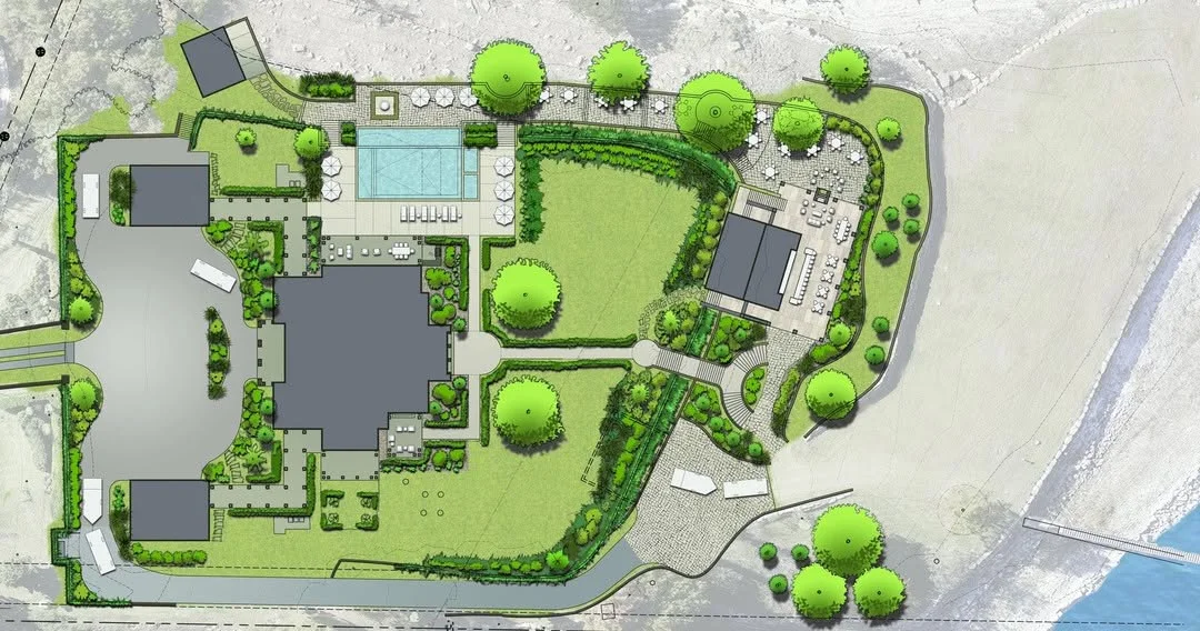Colored site plan of a modern residential garden with rectilinear lawns, a pool and geometric planting around the house