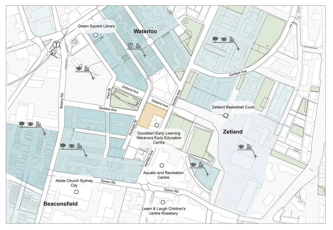 Urban site analysis map of Zetland showing streets, paths, parks and public amenities around a school site