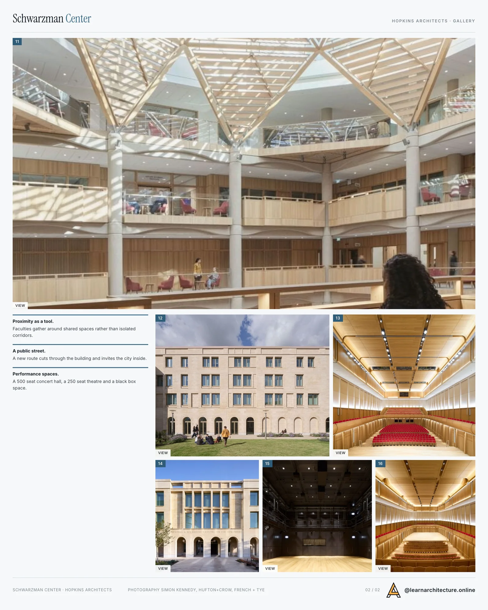 Second presentation board sheet for Schwarzman Center for the Humanities - University of Oxford by Hopkins Architects, laying out the project drawings and images on one page