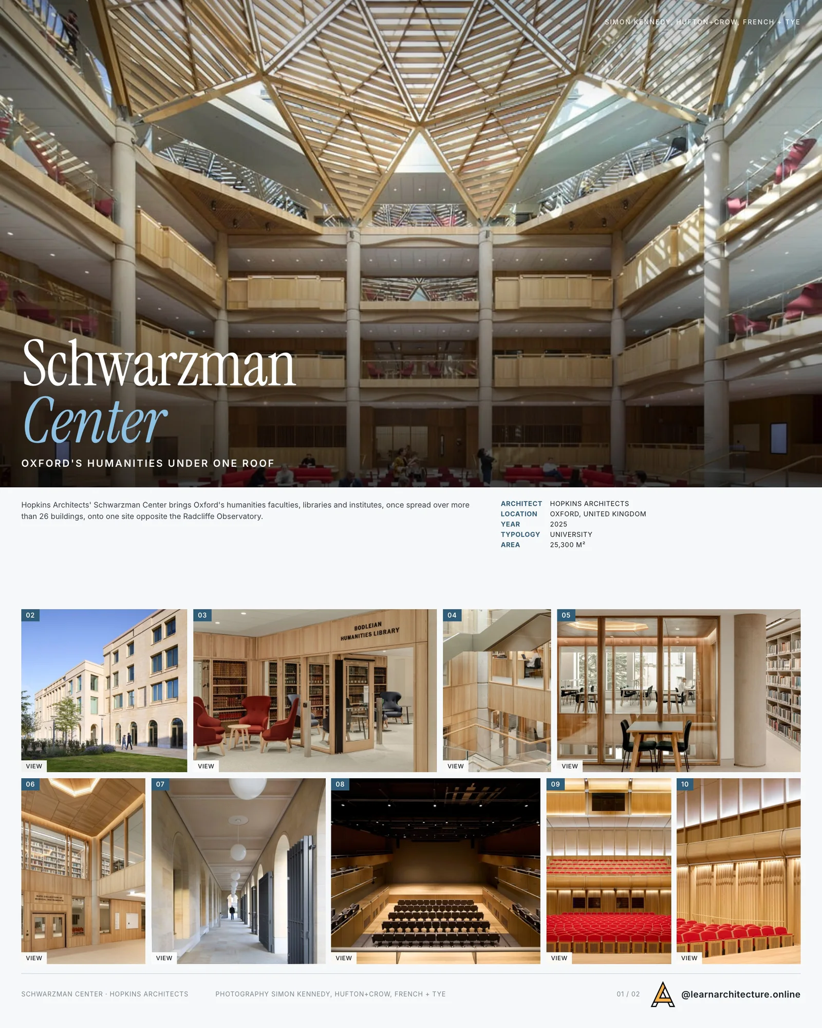 Presentation board cover for Schwarzman Center for the Humanities - University of Oxford by Hopkins Architects, with the lead image, project summary and a grid of photographs and drawings