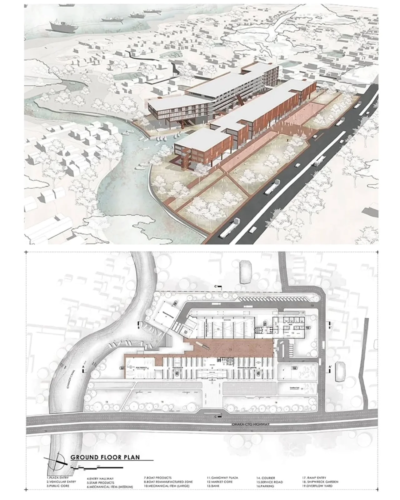 Illustrative aerial render of waterfront buildings with moored boats along a canal