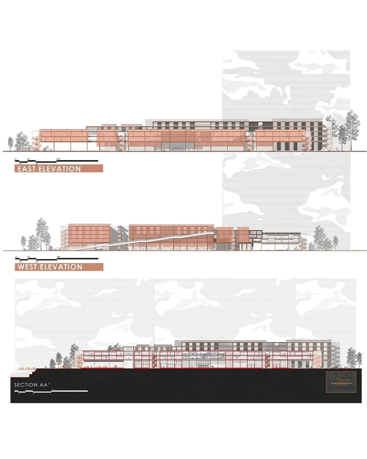 Photorealistic render of a timber clad riverside building under trees at dusk