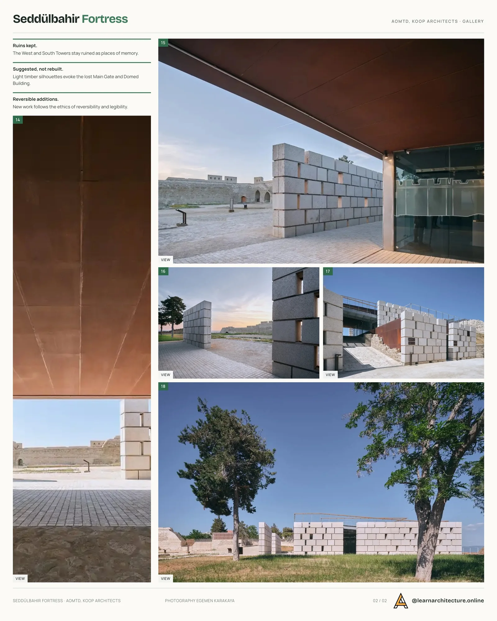 Second presentation board sheet for Seddülbahir Fortress by KOOP Architects & AOMTD, laying out the project drawings and images on one page