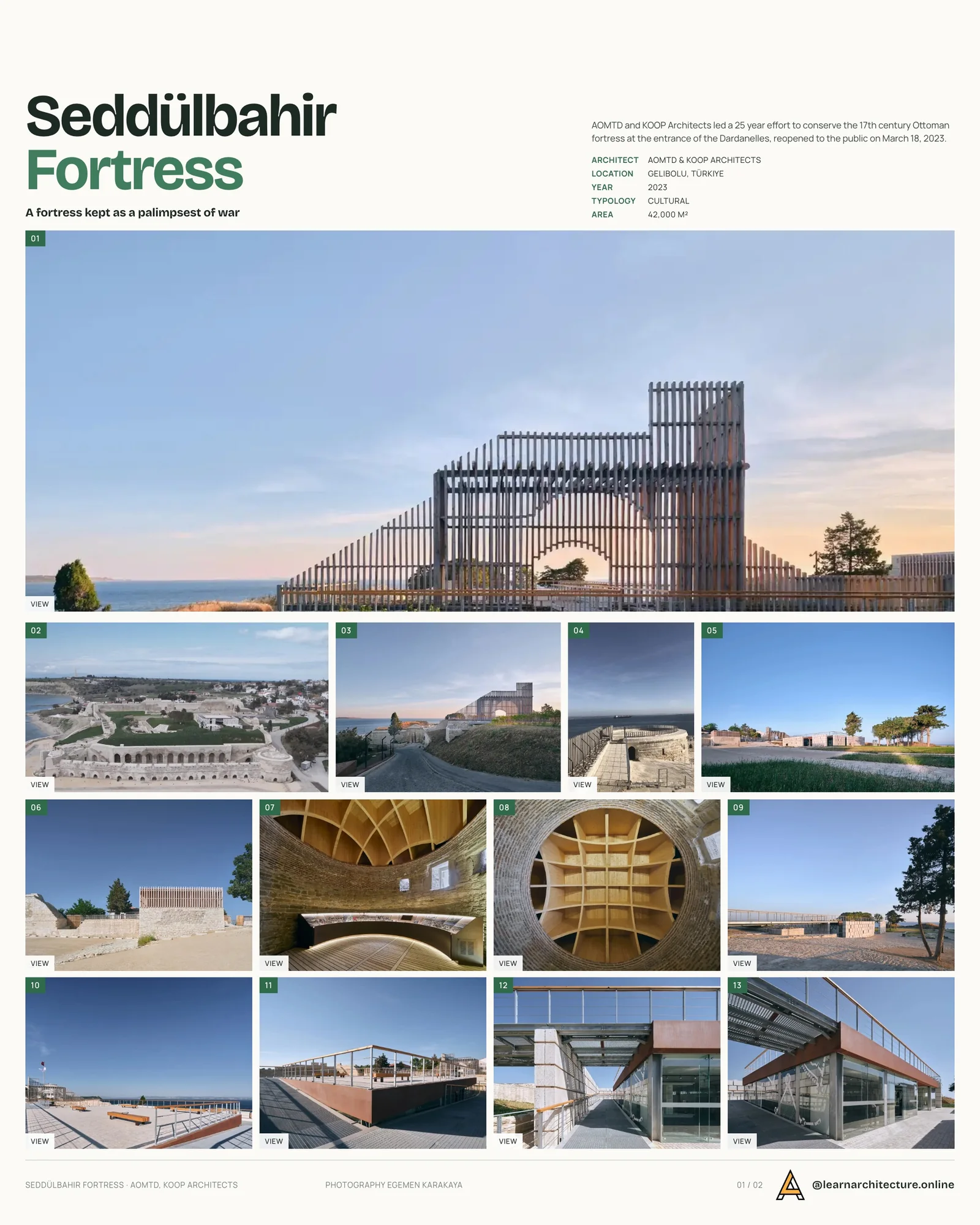 Presentation board cover for Seddülbahir Fortress by KOOP Architects & AOMTD, with the lead image, project summary and a grid of photographs and drawings