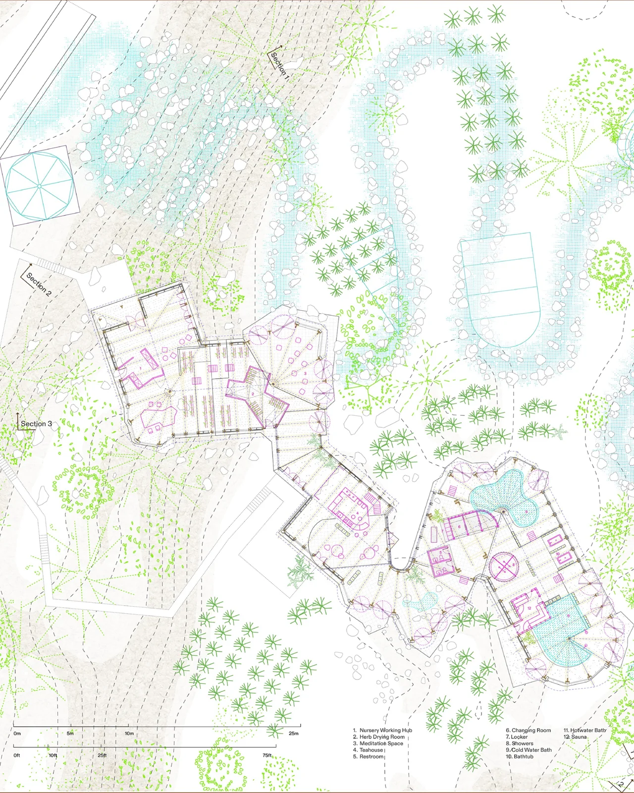 Colored aerial site plan of a clustered housing scheme with curved courtyards and pink roof outlines, showing buildings, courtyards and landscape