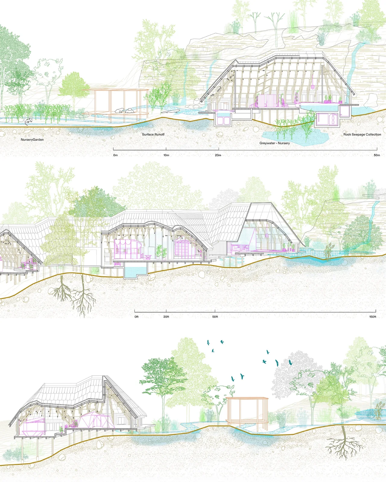 Illustrative colored sections of several timber roofed buildings set beside a winding waterway, rendered with texture and color