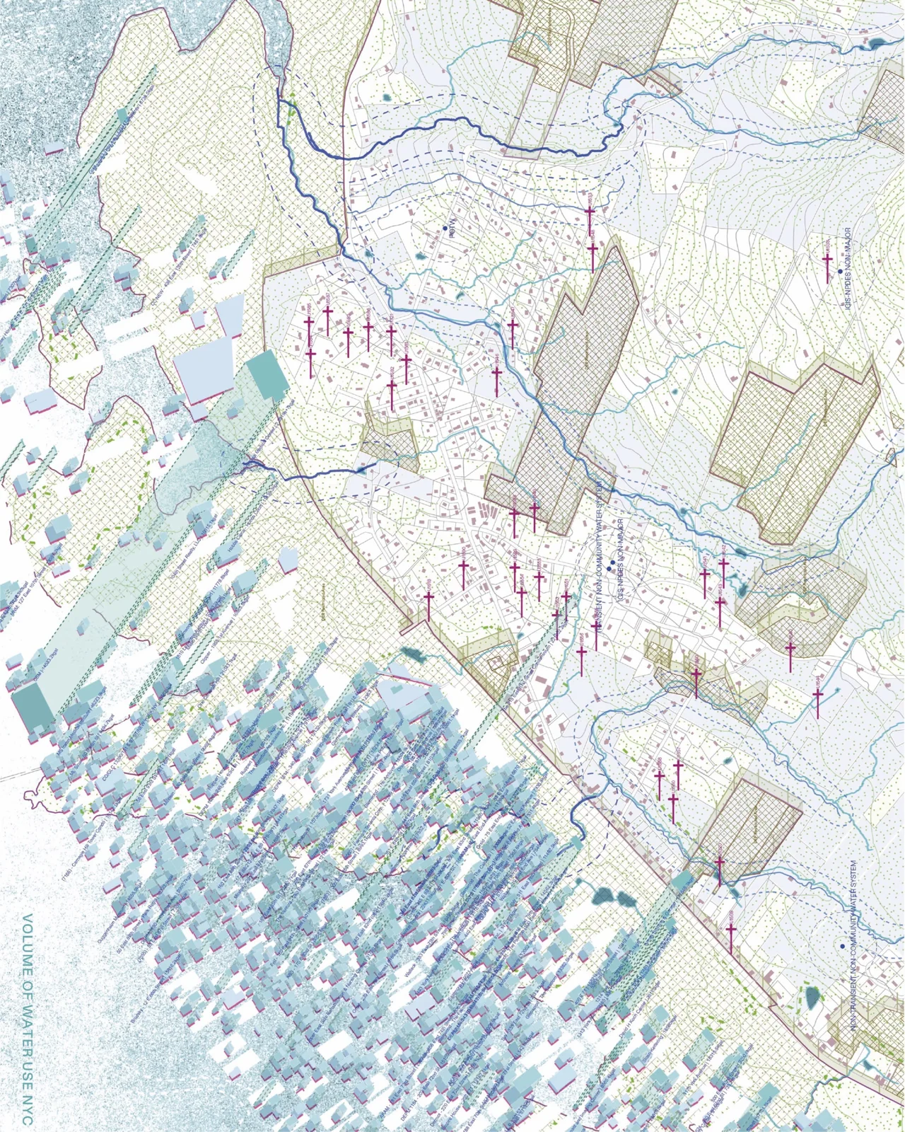Hydrological site analysis map showing blue water flow patterns and marked points across terrain