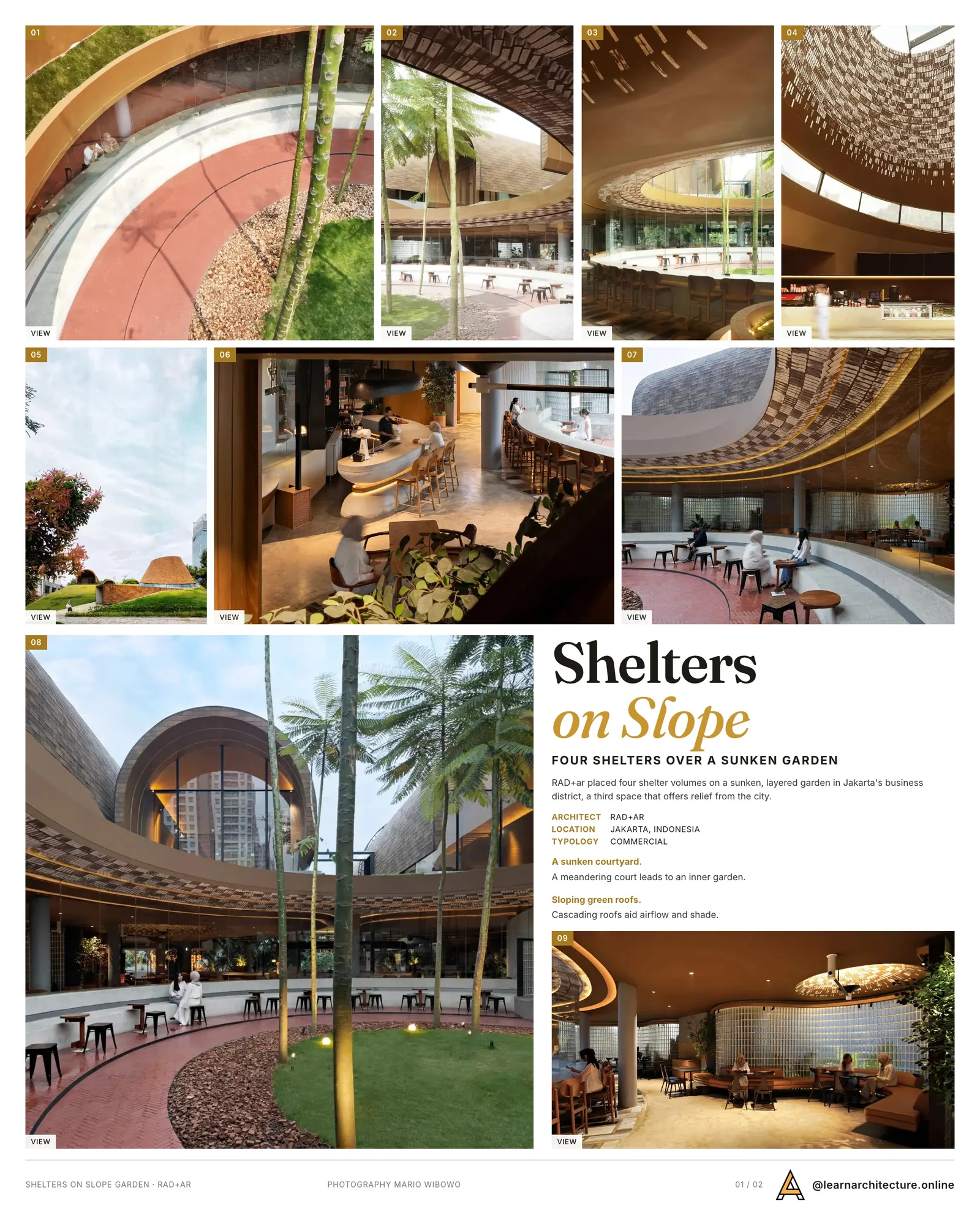 Presentation board cover for Shelters on Slope (SS) Garden by RAD+ar (Research Artistic Design + architecture), with the lead image, project summary and a grid of photographs and drawings
