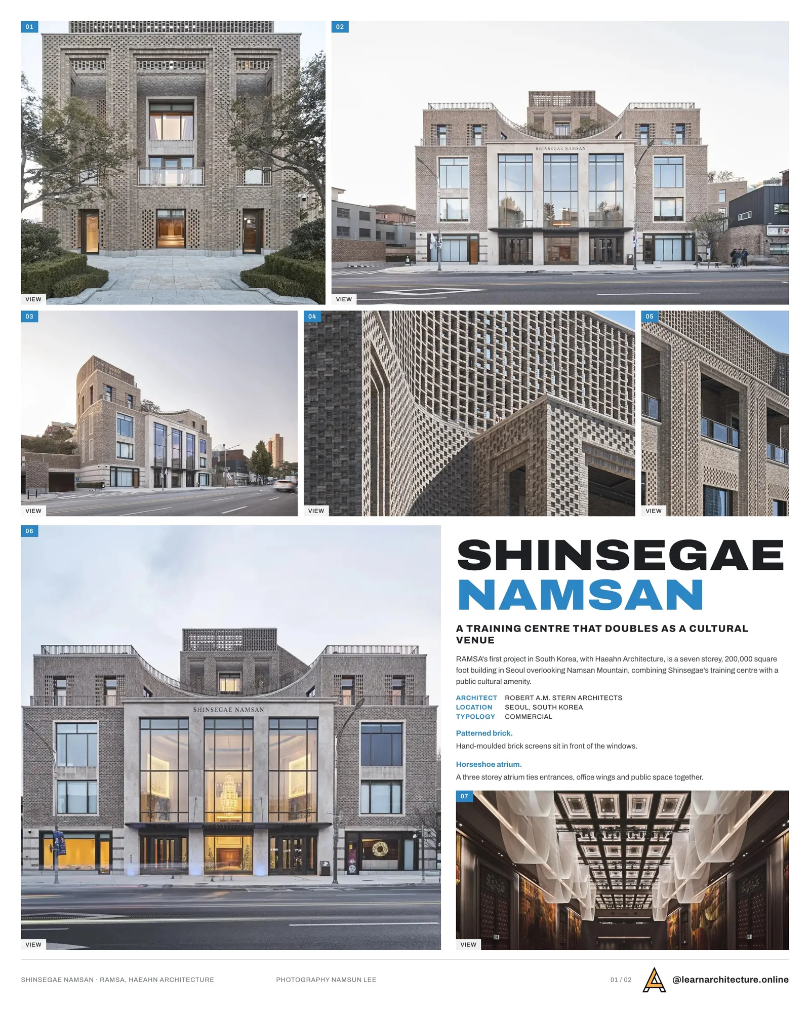 Presentation board cover for Shinsegae Namsan Commercial & Offices by Robert A.M. Stern Architects, with the lead image, project summary and a grid of photographs and drawings